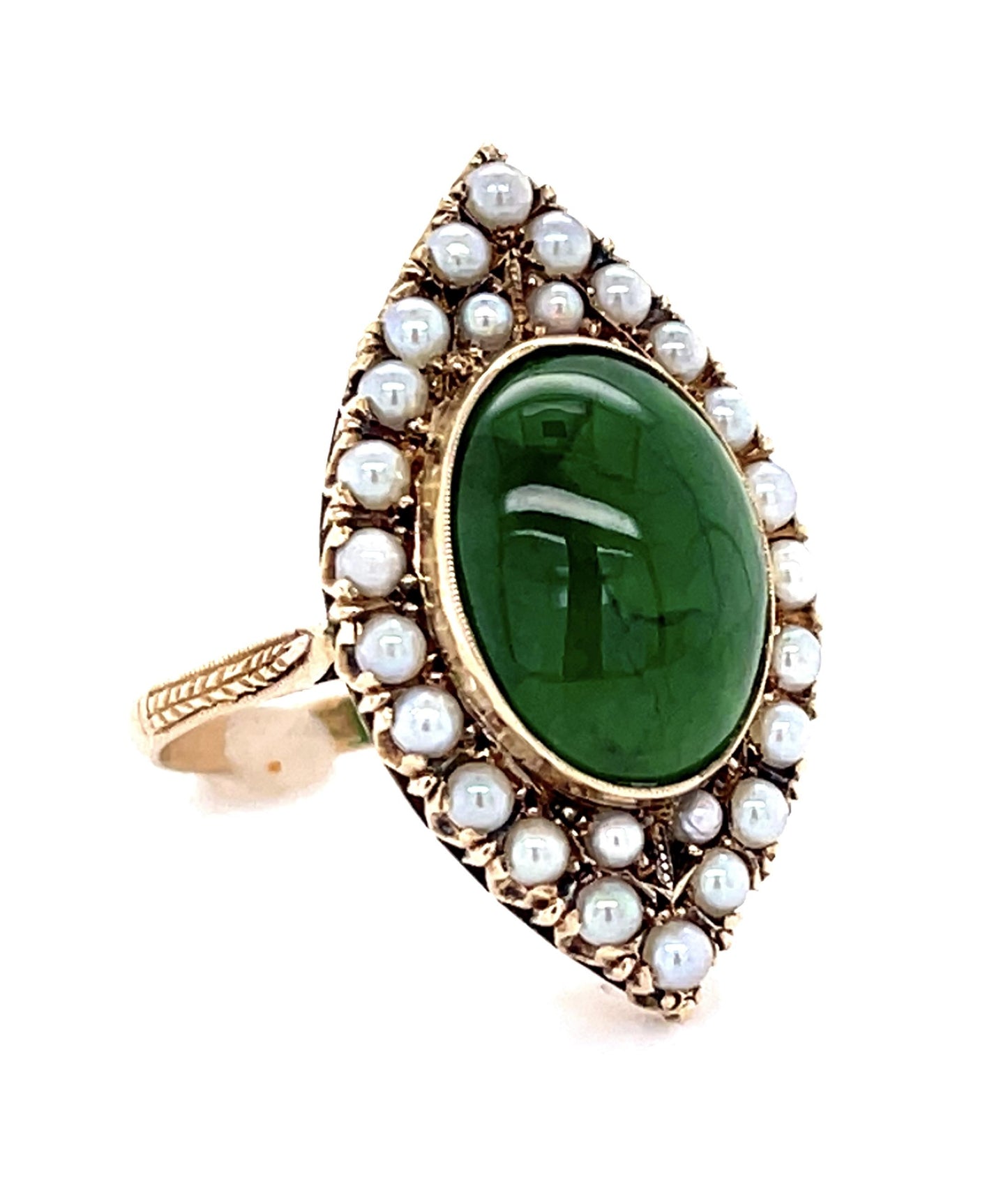 Victorian 5.50ct Jade 14KY Yellow Gold Ring (Antique 1890s) 4.70g Seed Pearl