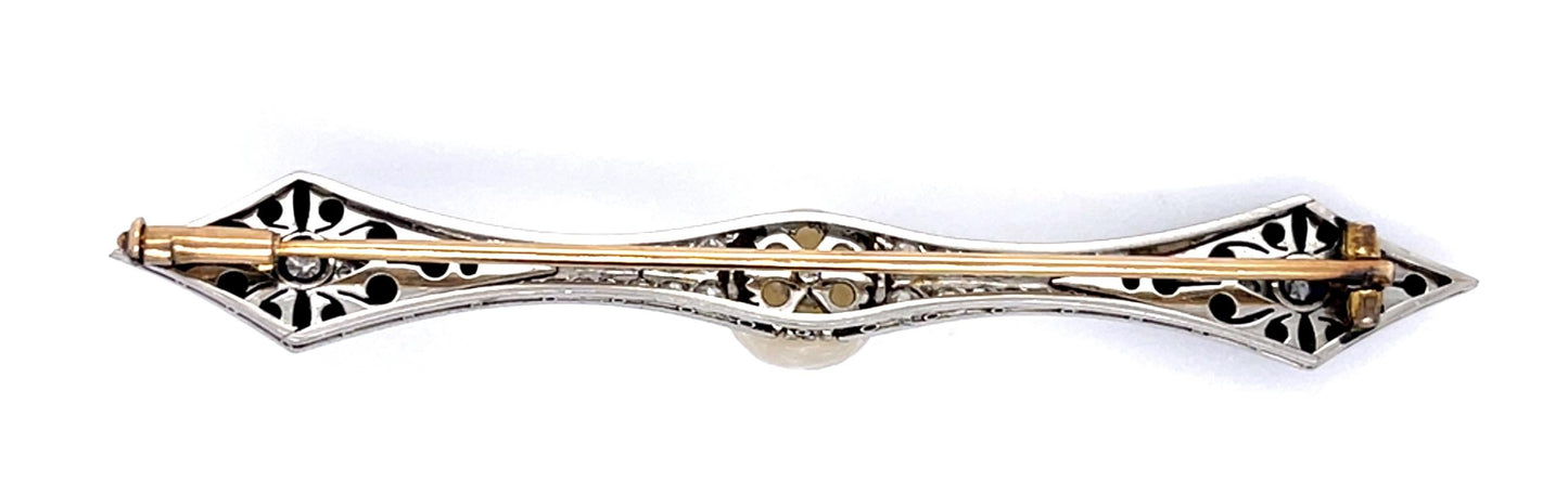 Art Deco 1ct Diamond 9.10mm Natural Pearl Onyx Platinum Brooch (Antique 1920s)