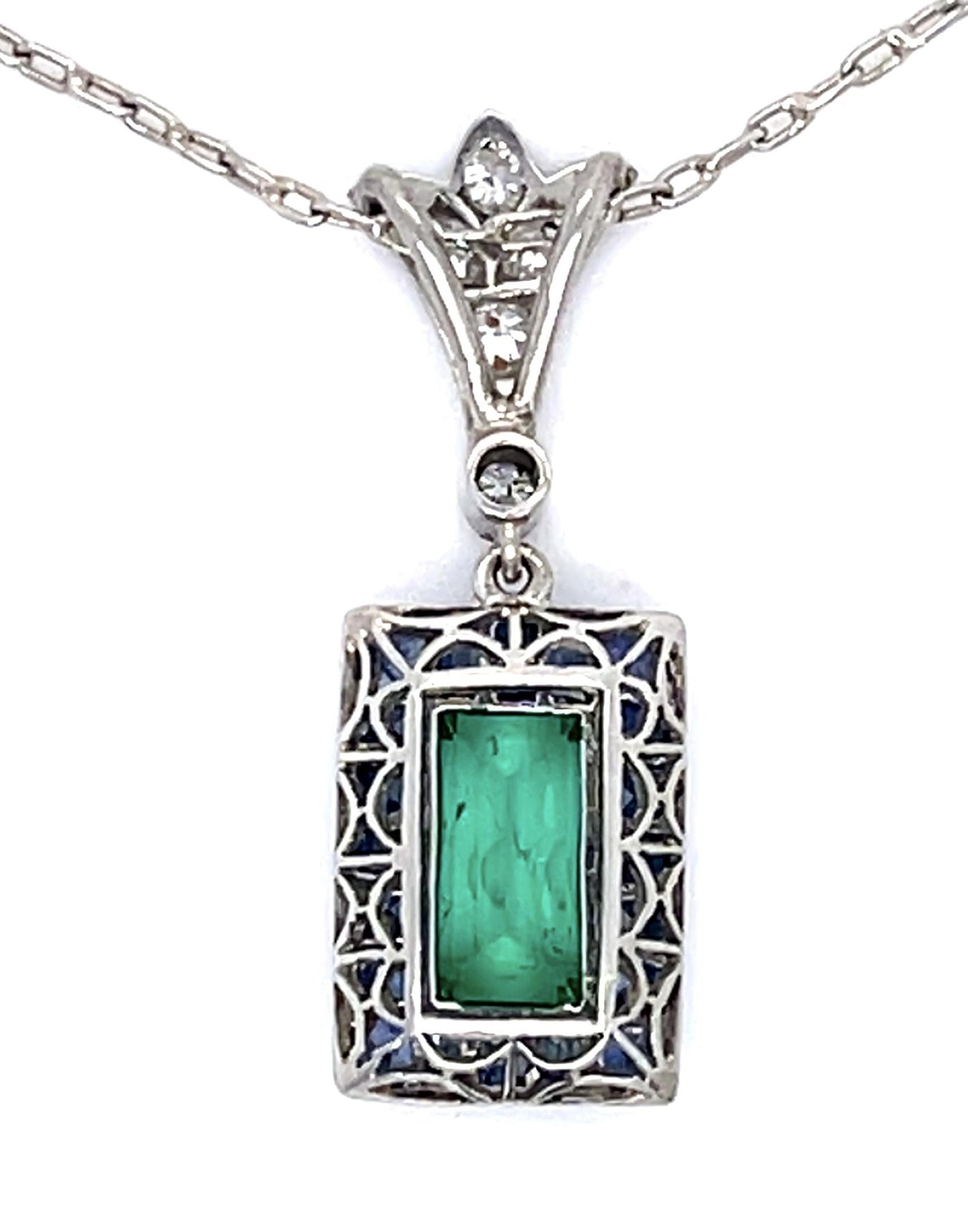 .88ct Emerald 1.19ct Sapphire Platinum Handmade Pendant .17ct Dia
