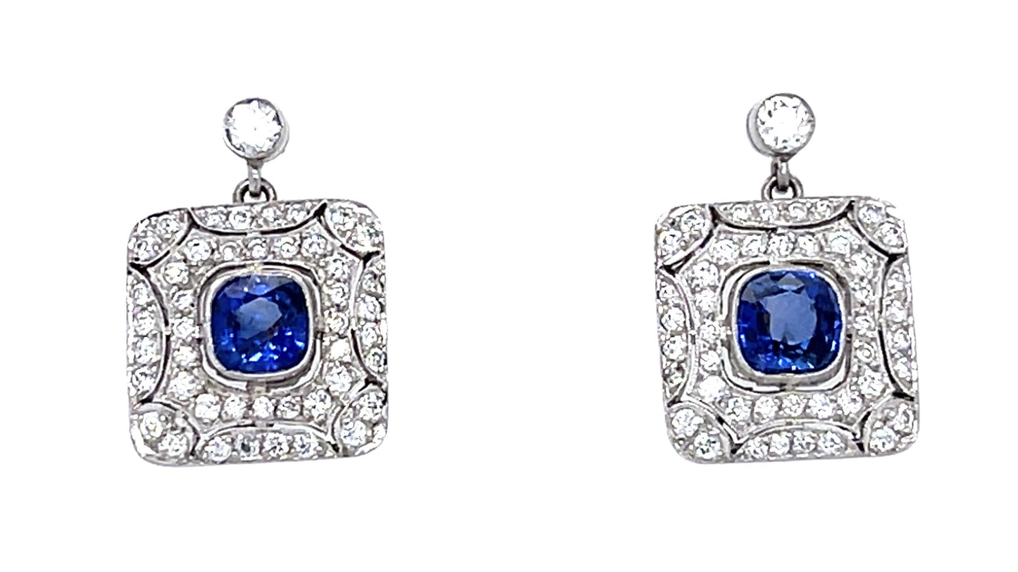 1.50ct Sapphire .80ct Diamond PT Handmade Earrings
