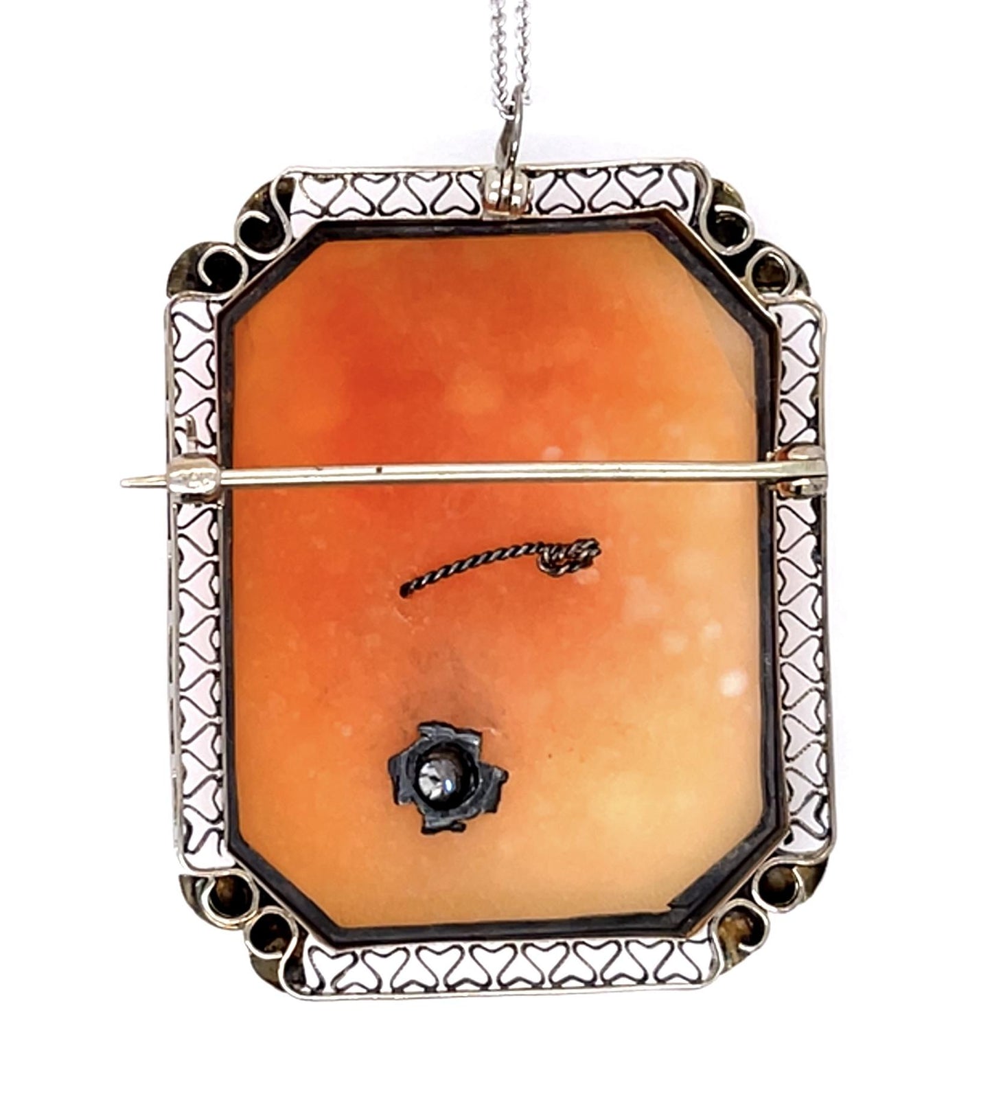 Art Deco .12ct Old Euro Diamond Carved Cameo 14KW Pendant (Antique 1920s) 9.77g