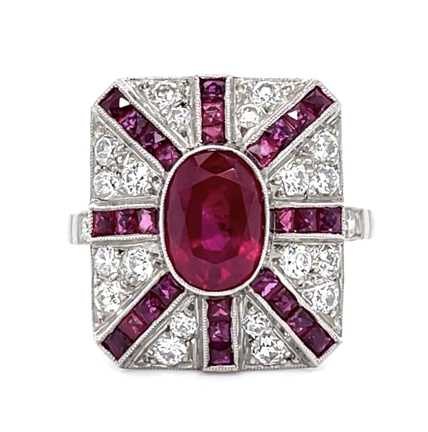 2.25ct Pigeon Blood Burma Ruby .86ct Diamond PT Handmade Ring 1.10ct Side Ruby
