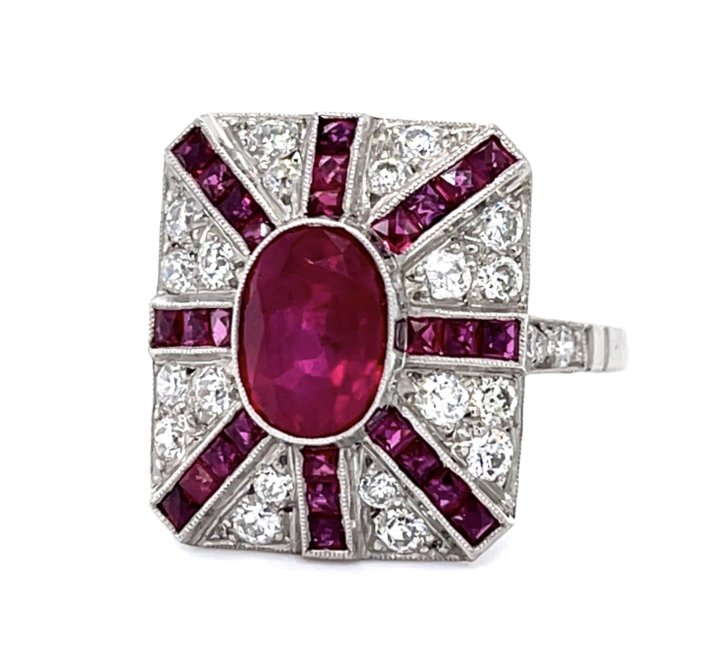 2.25ct Pigeon Blood Burma Ruby .86ct Diamond PT Handmade Ring 1.10ct Side Ruby
