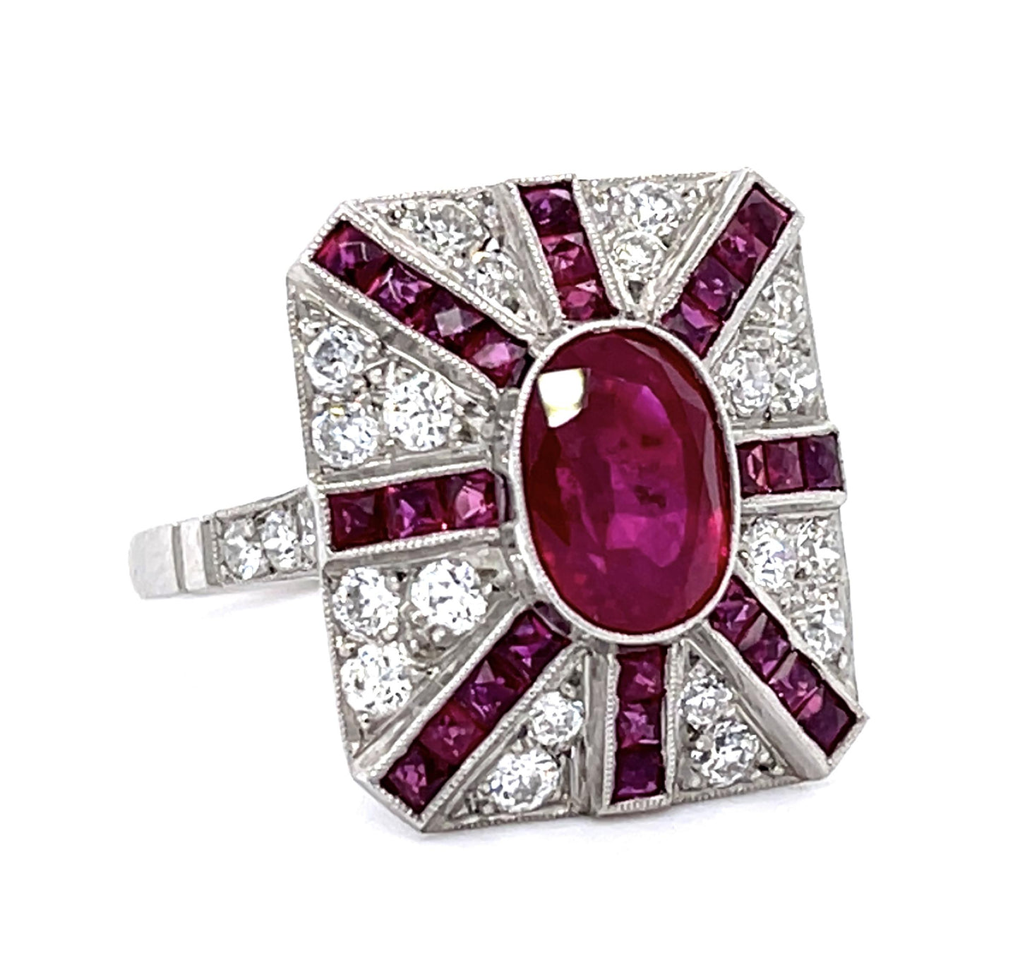 2.25ct Pigeon Blood Burma Ruby .86ct Diamond PT Handmade Ring 1.10ct Side Ruby