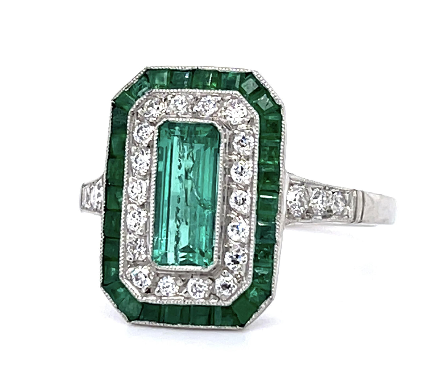 .85ct Colombian Emerald (No Cert) .28ct Diamond PT Handmade Ring .81ct Side Eme