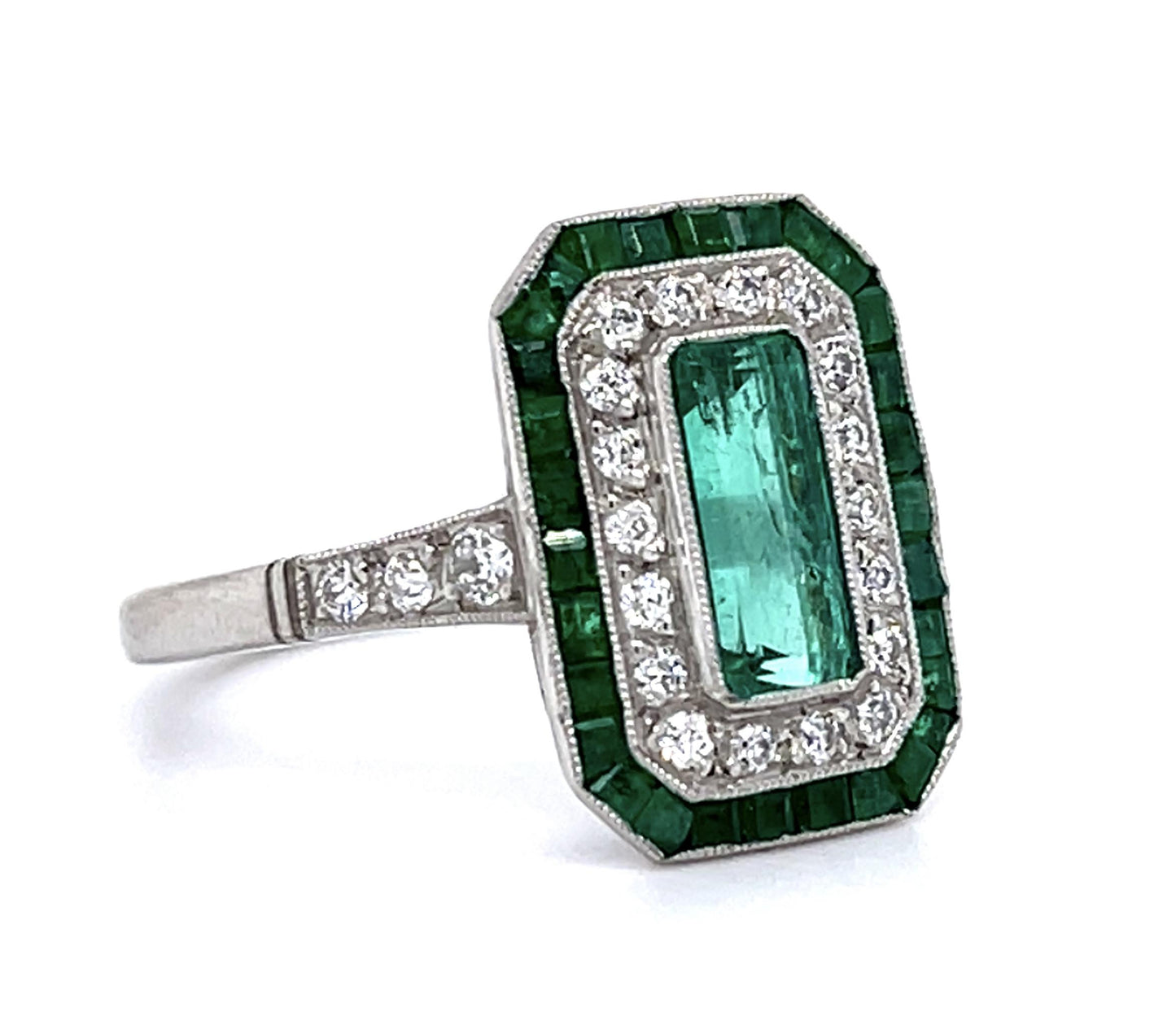 .85ct Colombian Emerald (No Cert) .28ct Diamond PT Handmade Ring .81ct Side Eme