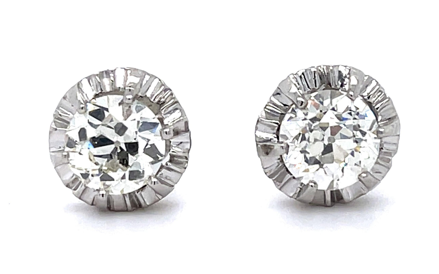 Art Deco 1.15ct+1.01ct Old Euro Dia PT Stud Earrings (Vintage 1930s) 4.15g