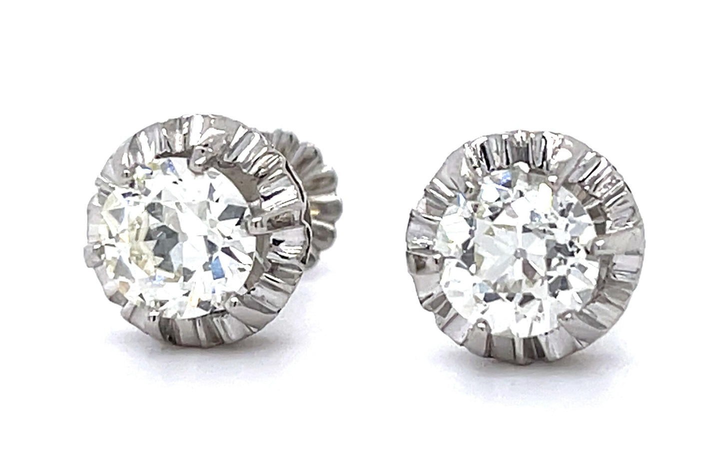 Art Deco 1.15ct+1.01ct Old Euro Dia PT Stud Earrings (Vintage 1930s) 4.15g