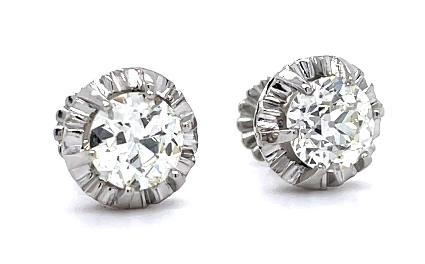 Art Deco 1.15ct+1.01ct Old Euro Dia PT Stud Earrings (Vintage 1930s) 4.15g