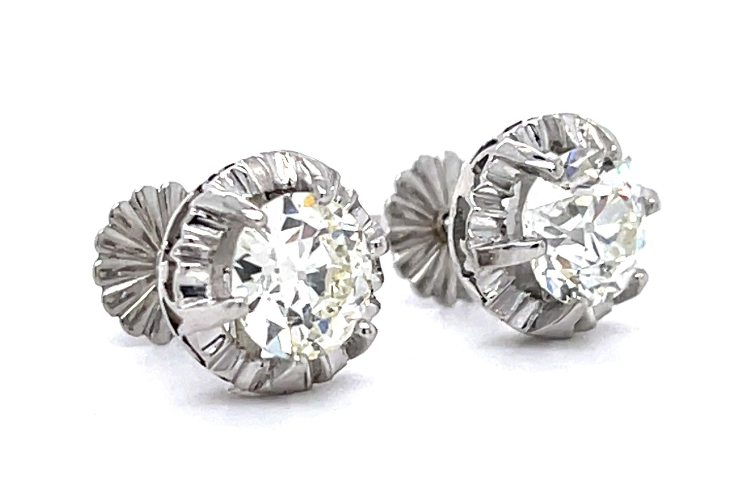 Art Deco 1.15ct+1.01ct Old Euro Dia PT Stud Earrings (Vintage 1930s) 4.15g