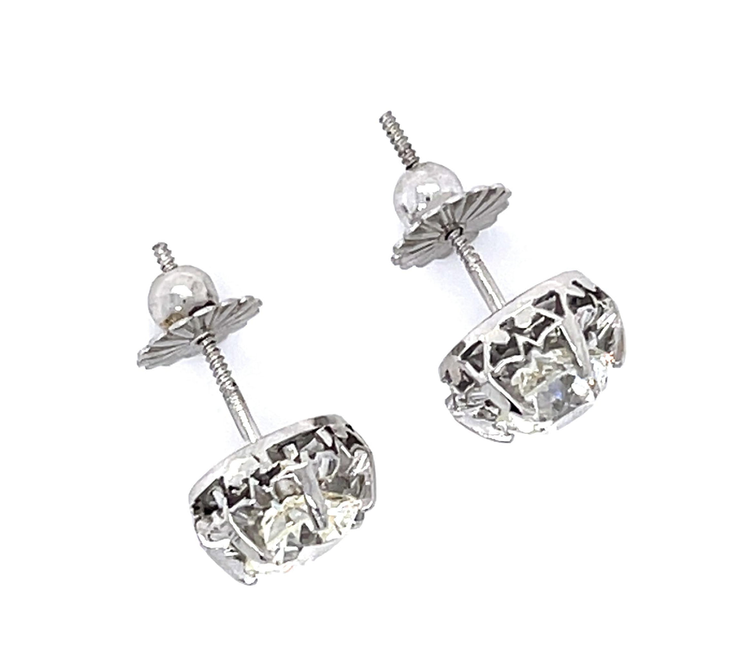 Art Deco 1.15ct+1.01ct Old Euro Dia PT Stud Earrings (Vintage 1930s) 4.15g