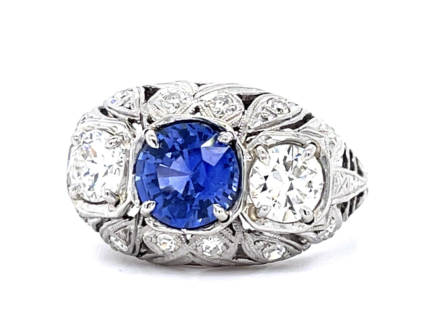 Art Deco 1.53ct Sapphire .87ct (2 Center Dia) PT Ring (Vintage 1930s) .24ct SD