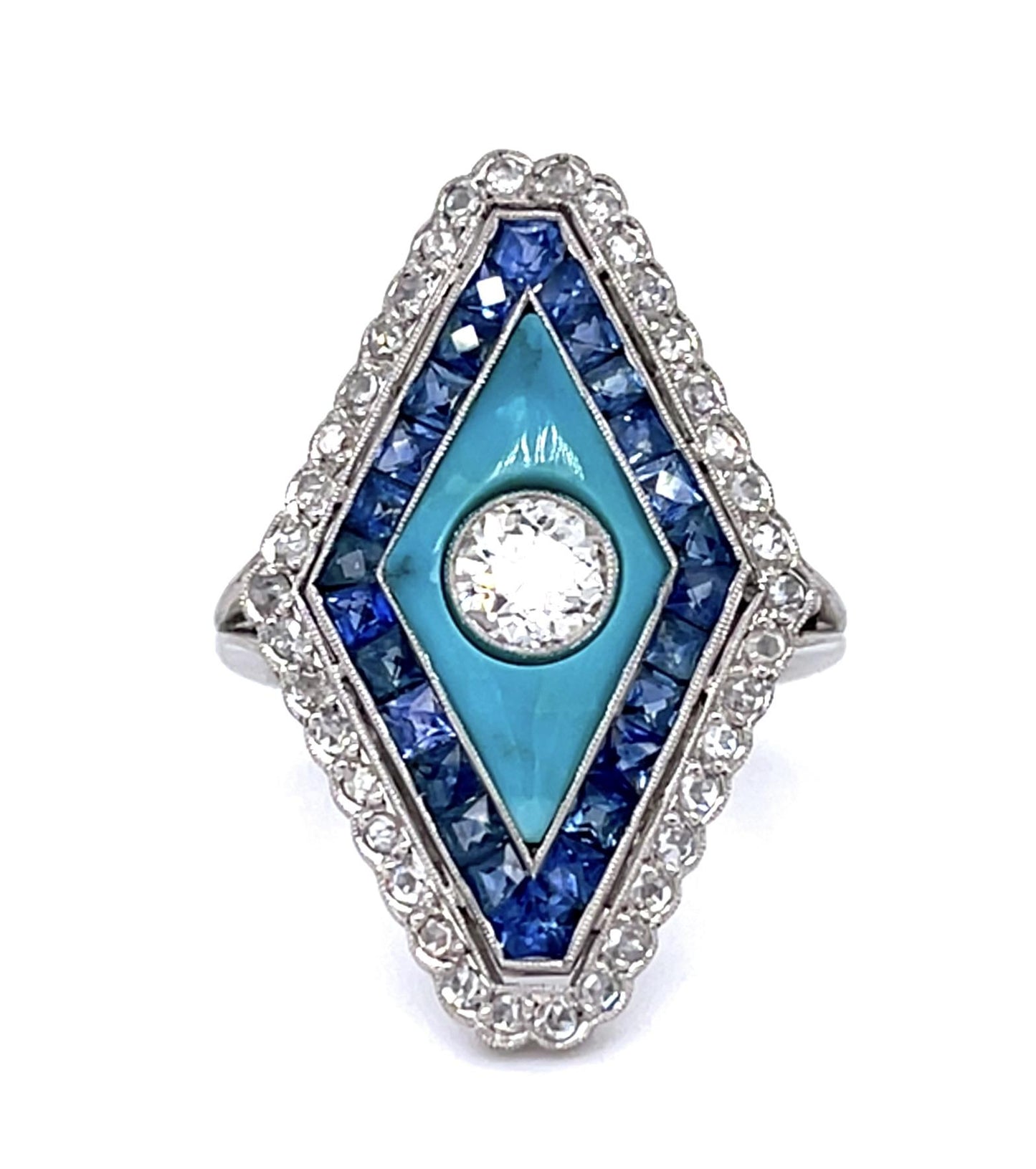 .44ct Old Euro Diamond 2.01ct Sapphire PT Handmade Ring .37ct SD Turquoise