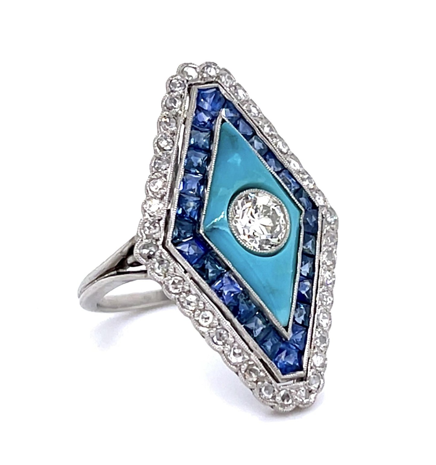 .44ct Old Euro Diamond 2.01ct Sapphire PT Handmade Ring .37ct SD Turquoise