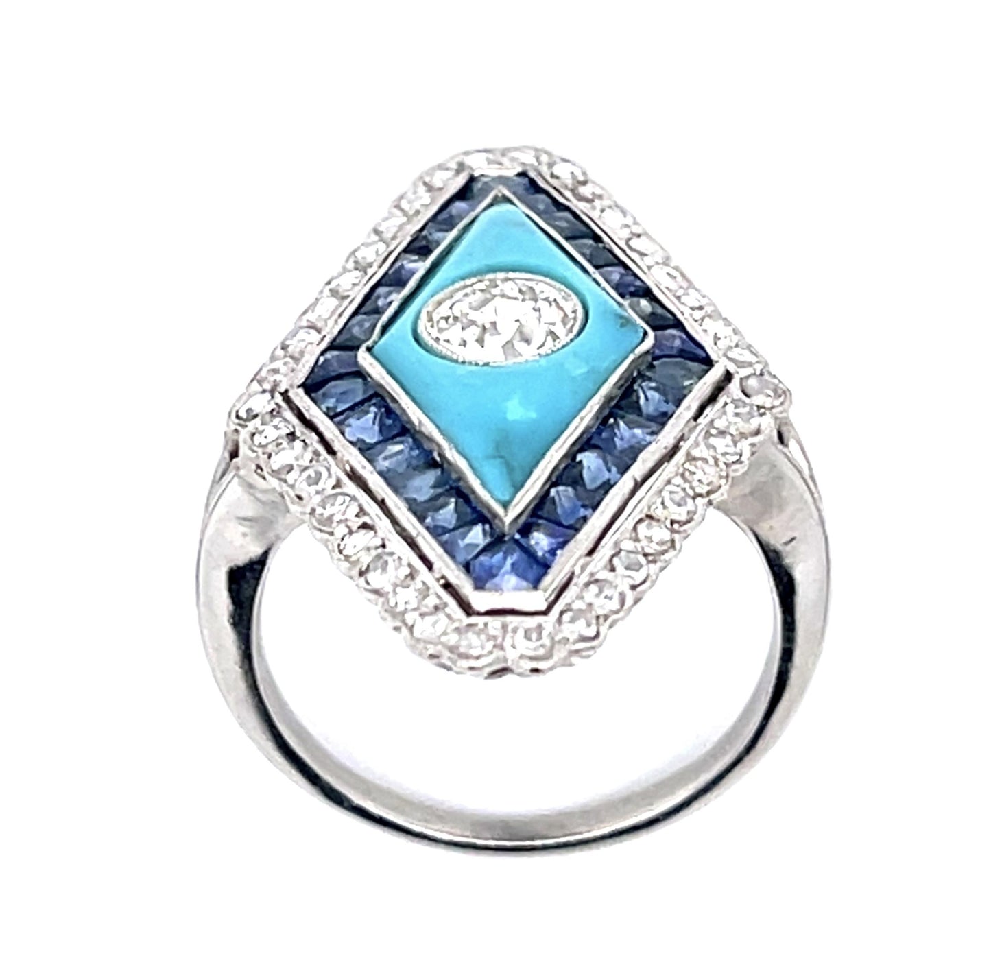 .44ct Old Euro Diamond 2.01ct Sapphire PT Handmade Ring .37ct SD Turquoise