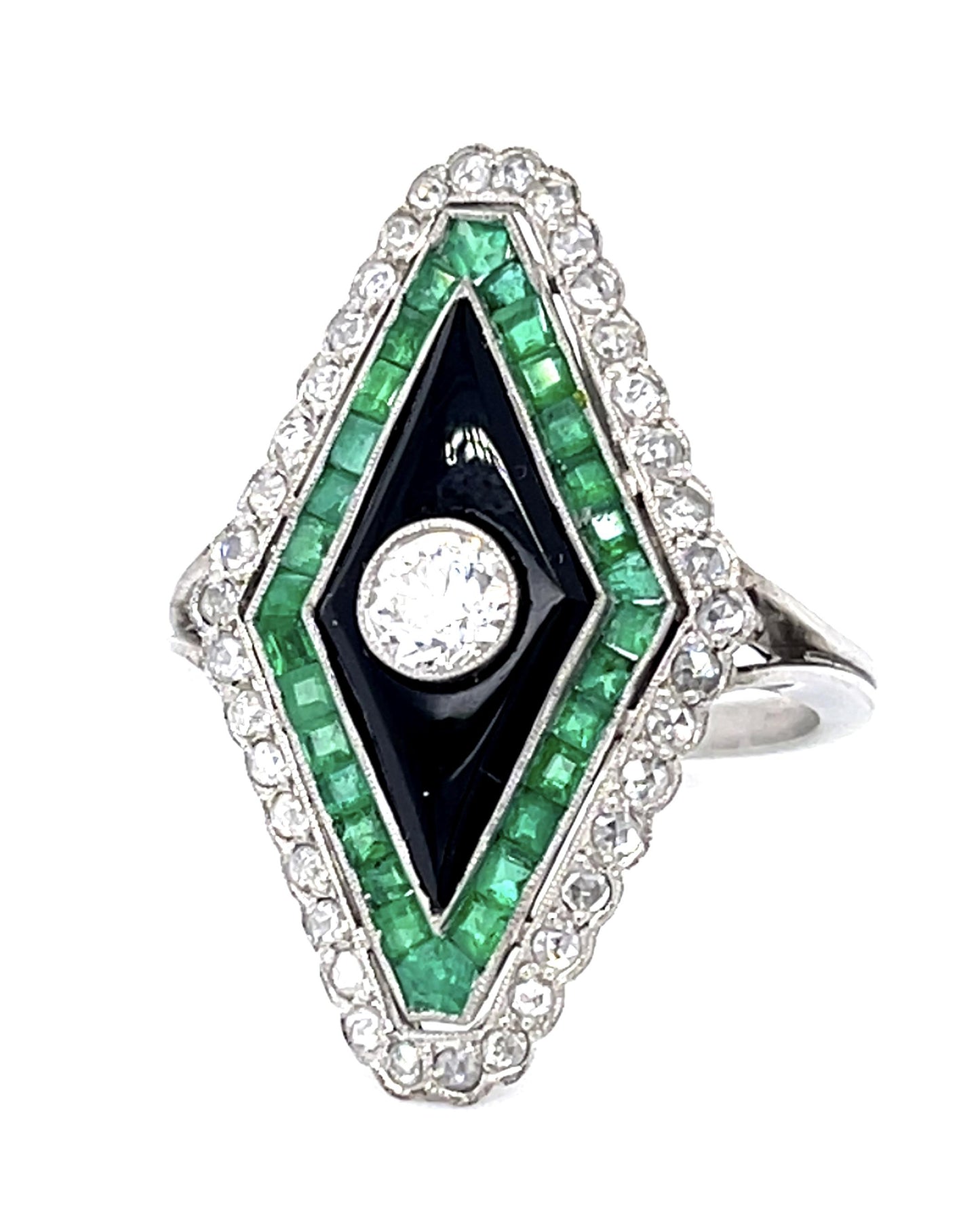 .34ct Old Euro Diamond 1.07ct Emerald Handmade PT Ring .33ct SD Onyx