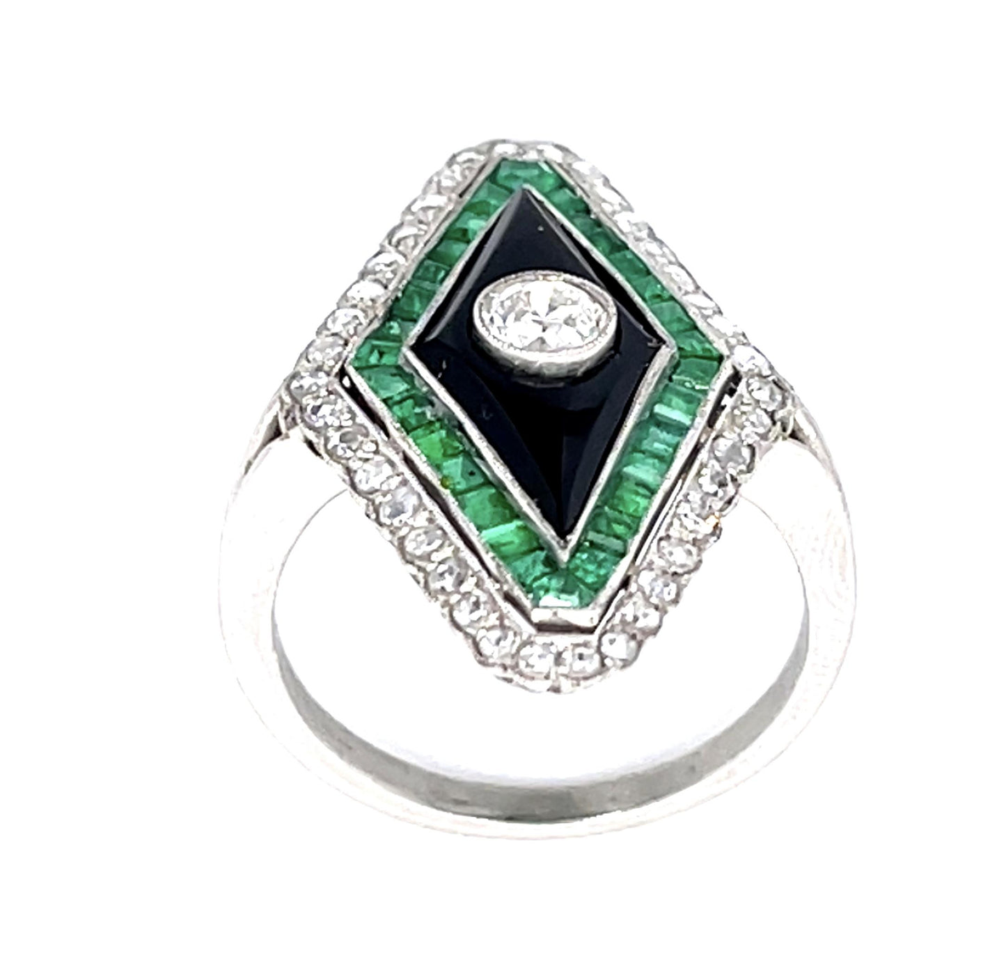.34ct Old Euro Diamond 1.07ct Emerald Handmade PT Ring .33ct SD Onyx