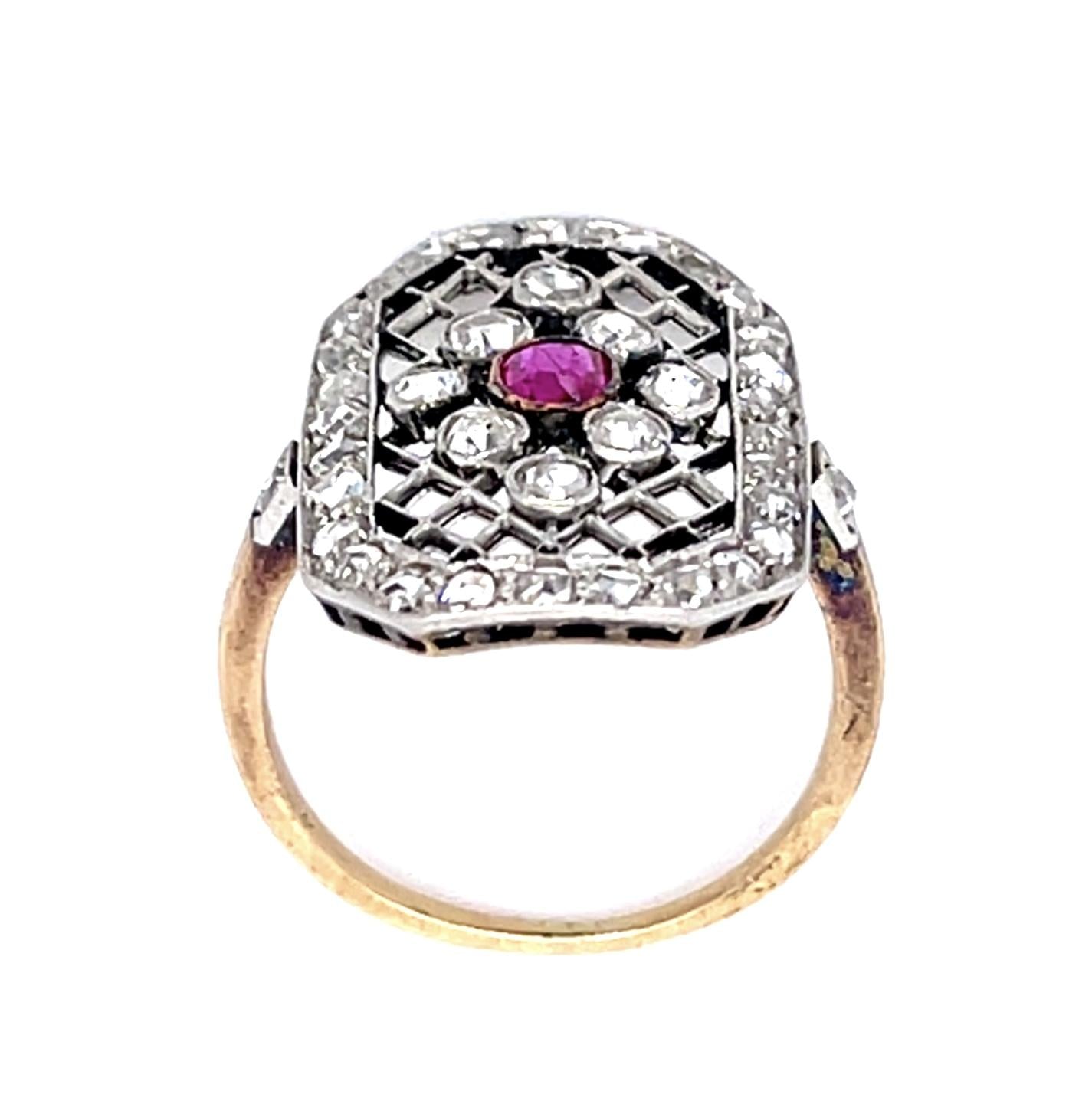 Original Edwardian .25ct Ruby 1.70ct Diamond PT+14KY Ring (Antique 1900s)