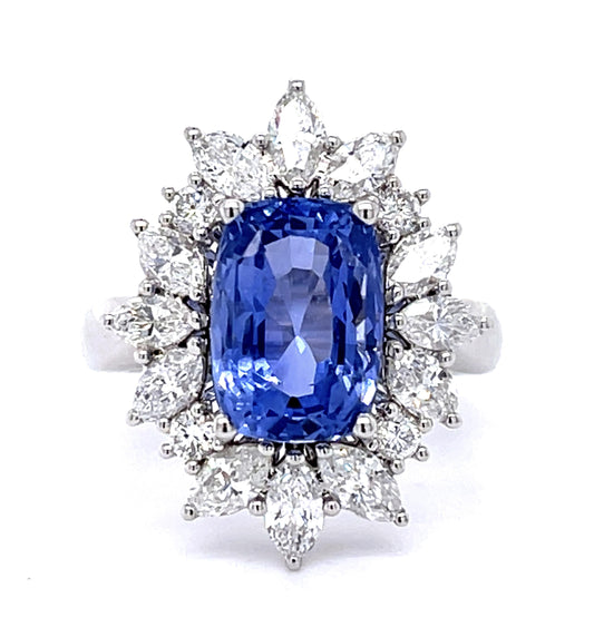 5.33ct Ceylon Sapphire 1.42ct Diamond 18KW Ring (Estate 1970s) GIA Certified