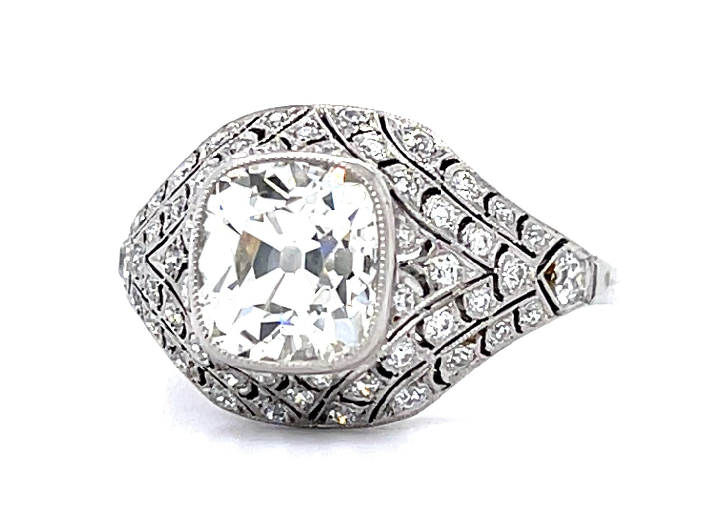 2.14ct Antique Cushion Diamond PT Handmade Ring .75ct SD