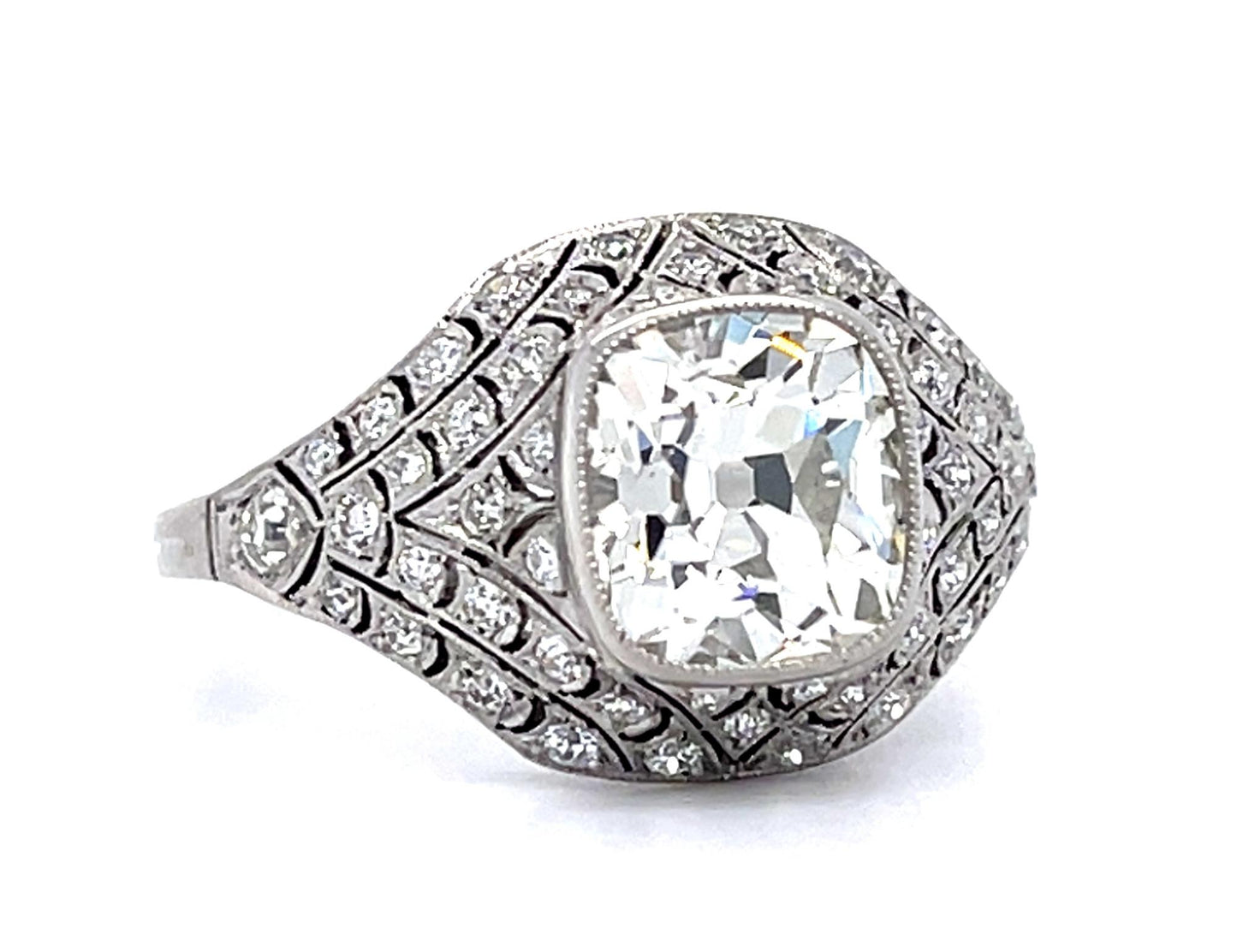 2.14ct Antique Cushion Diamond PT Handmade Ring .75ct SD