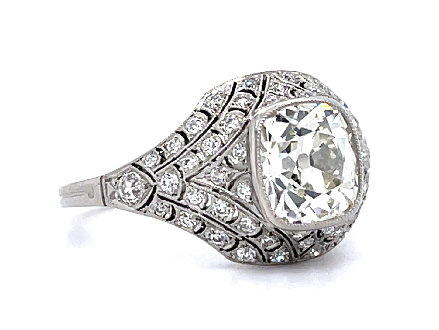 2.14ct Antique Cushion Diamond PT Handmade Ring .75ct SD