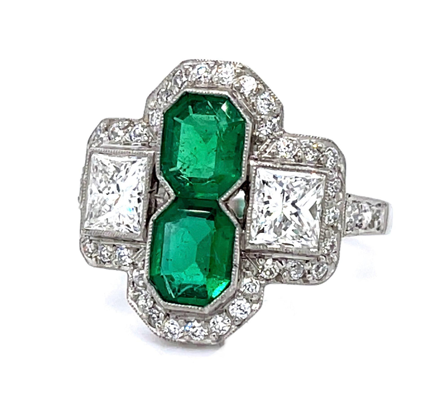 1.10ct Emerald 1.15ct (2 Princess Diamonds) Platinum Handmade Ring .51ct SD