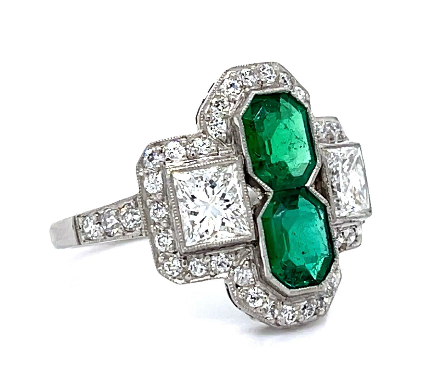 1.10ct Emerald 1.15ct (2 Princess Diamonds) Platinum Handmade Ring .51ct SD