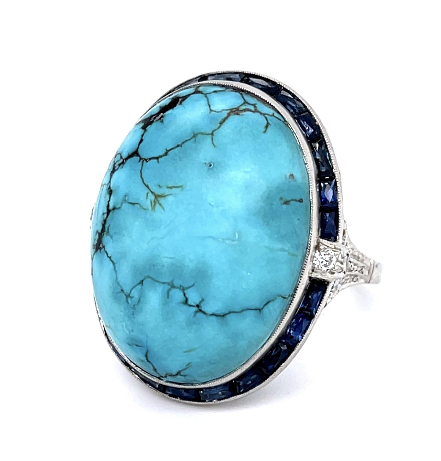 30.18ct Turquoise 3.67ct Sapphire .33ct Diamond PT Handmade Ring