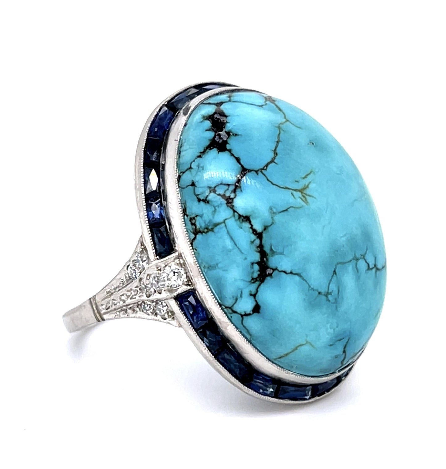 30.18ct Turquoise 3.67ct Sapphire .33ct Diamond PT Handmade Ring