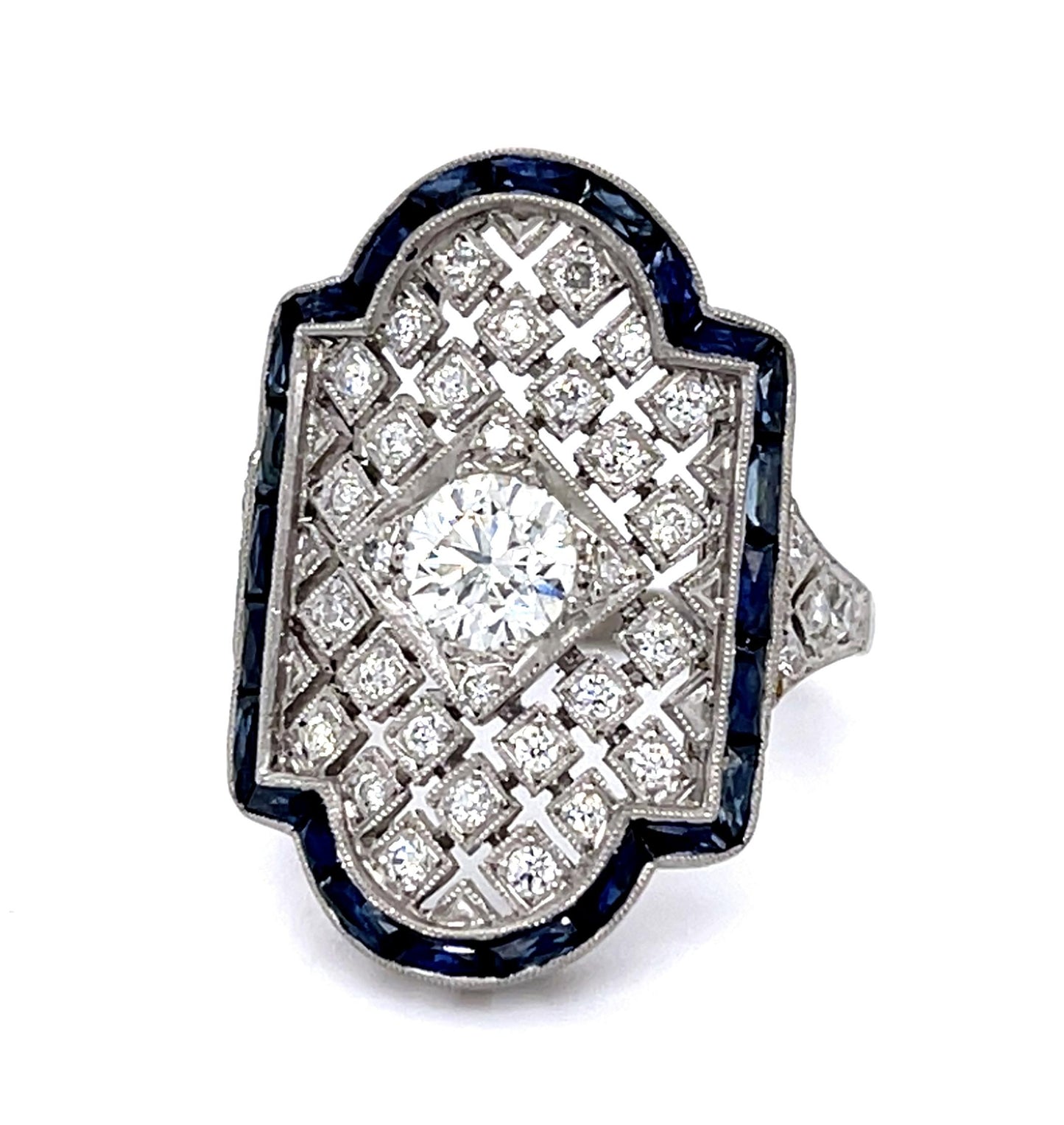 .56ct Old European Diamond 2.70ct Sapphire PT Handmade Ring .53ct SD