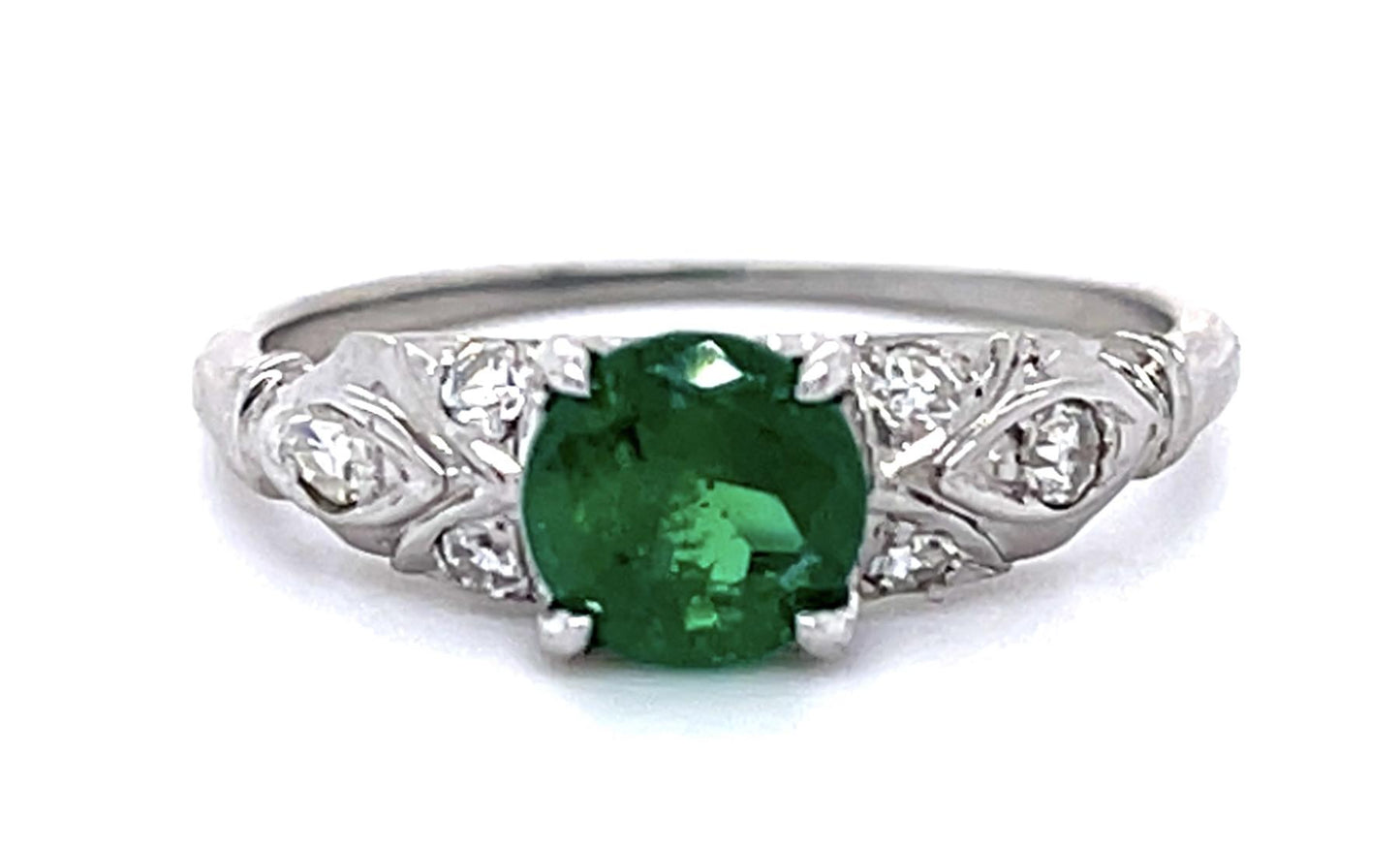 Art Deco .70ct Emerald .14ct Diamond 18KW Ring