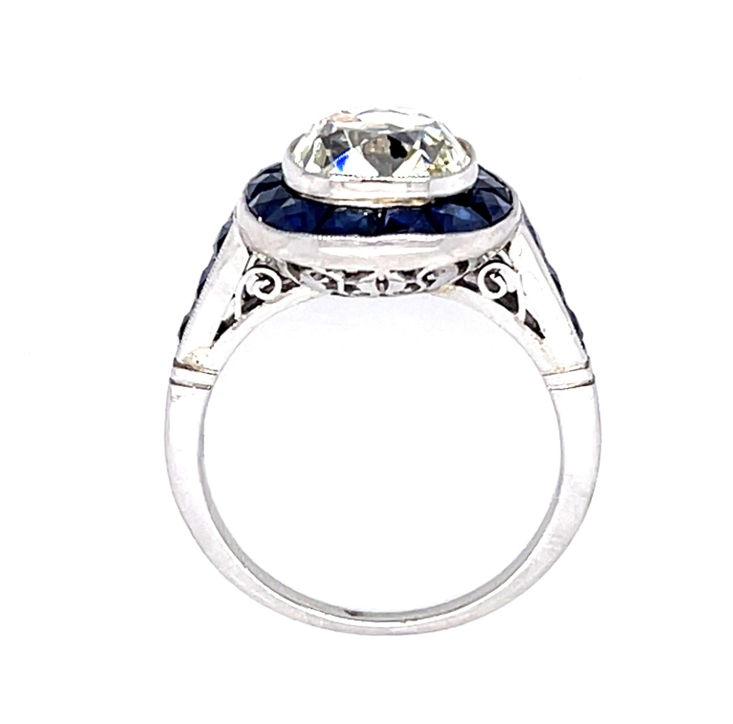 3.01ct Old European Center Diamond 2.45ct Sapphire PT Handmade Ring