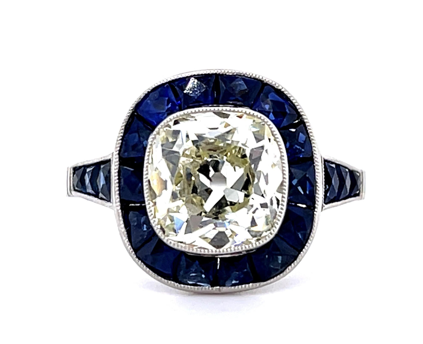3.01ct Old European Center Diamond 2.45ct Sapphire PT Handmade Ring