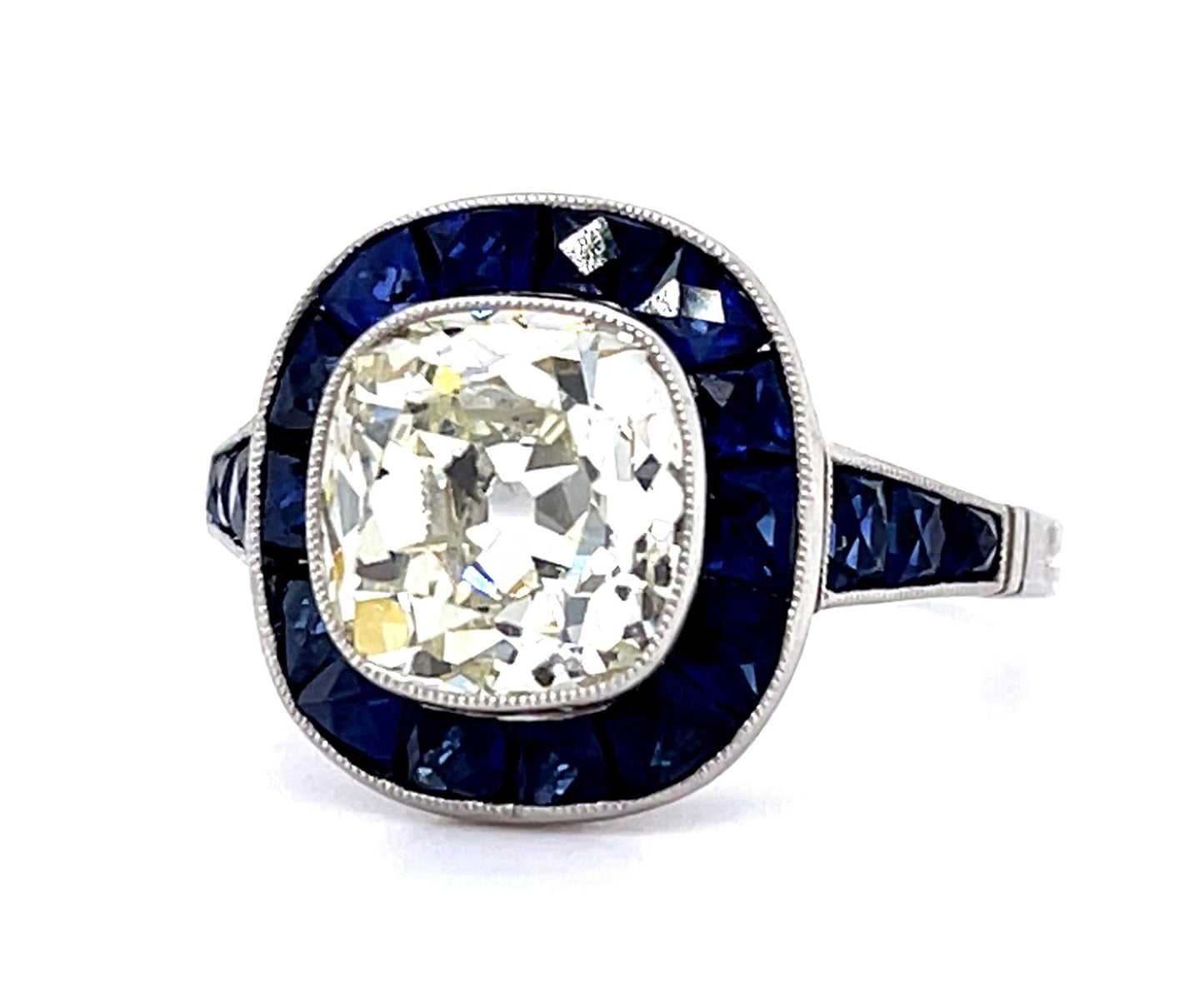 3.01ct Old European Center Diamond 2.45ct Sapphire PT Handmade Ring