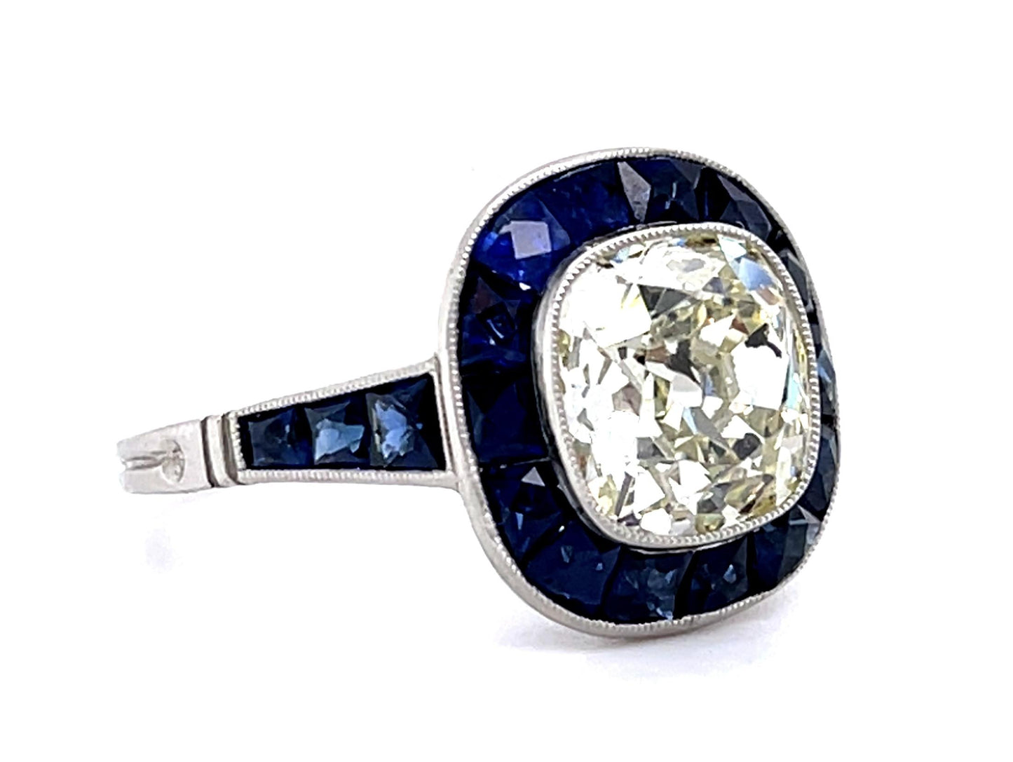 3.01ct Old European Center Diamond 2.45ct Sapphire PT Handmade Ring