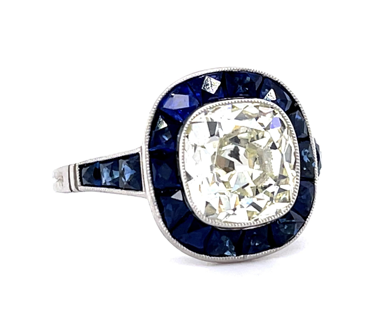 3.01ct Old European Center Diamond 2.45ct Sapphire PT Handmade Ring