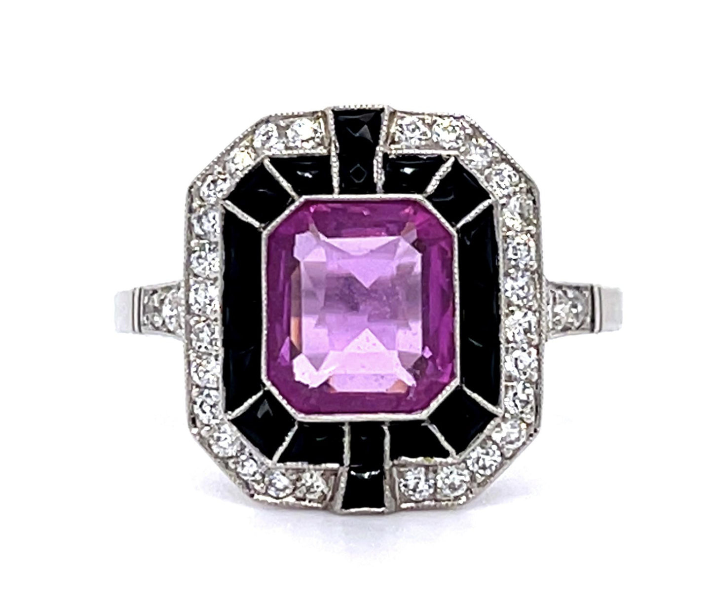 2.09ct Pink Sapphire .40ct Diamond French-cut Onyx PT Handmade Ring