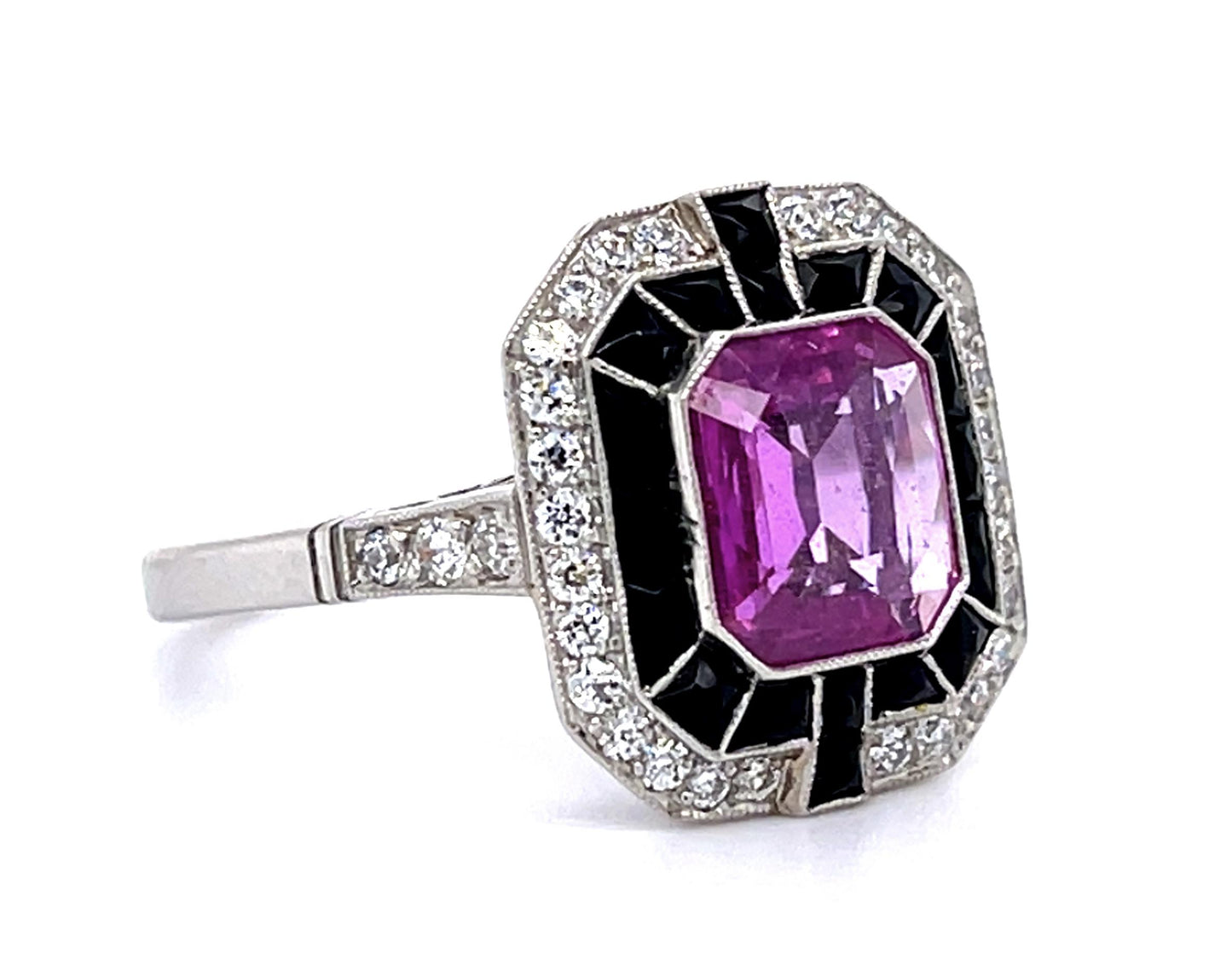 2.09ct Pink Sapphire .40ct Diamond French-cut Onyx PT Handmade Ring