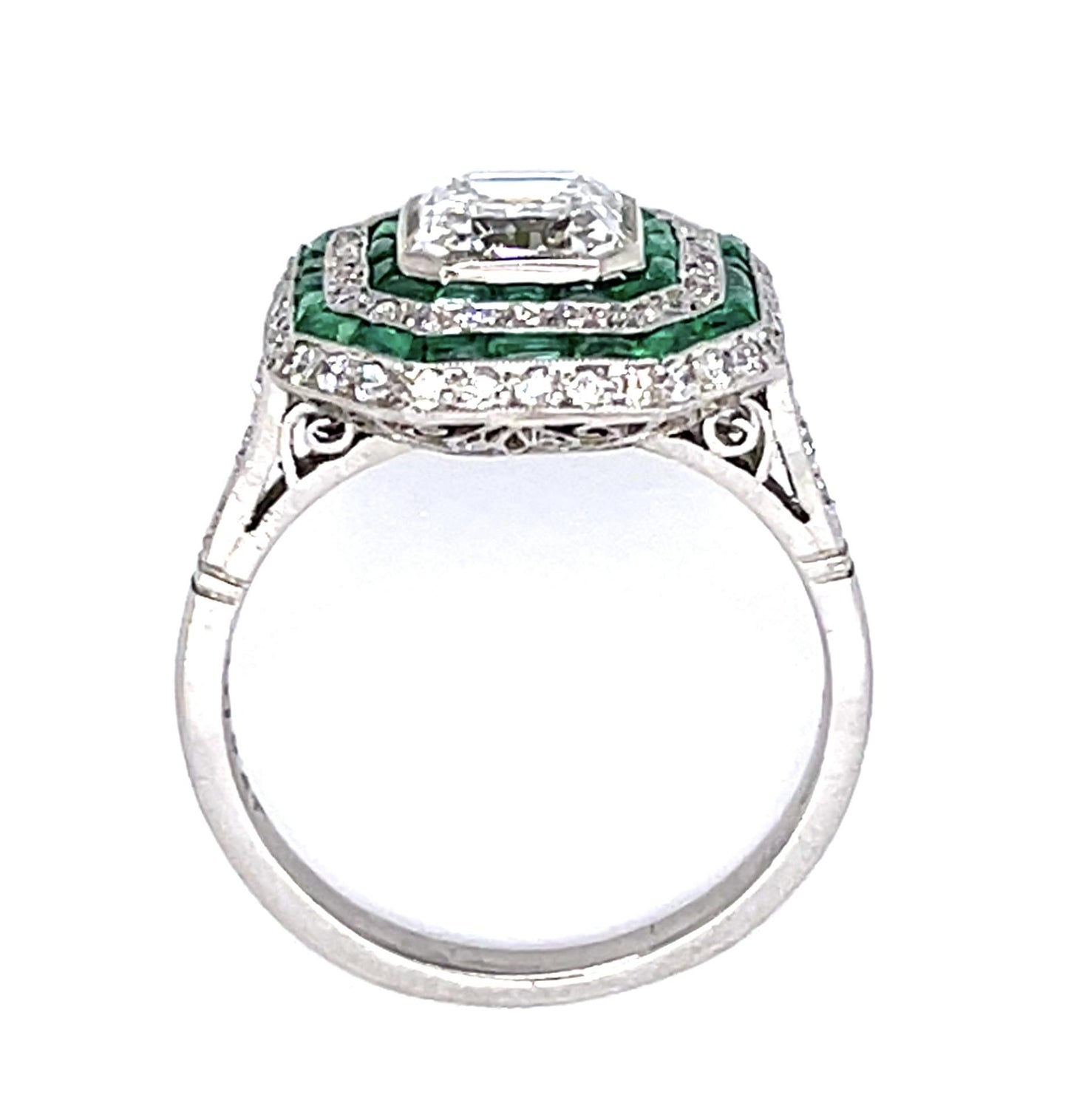 1.70ct H VS1 Emerald-cut Diamond 1.01ct Emerald Platinum Handmade Ring .44ct SD