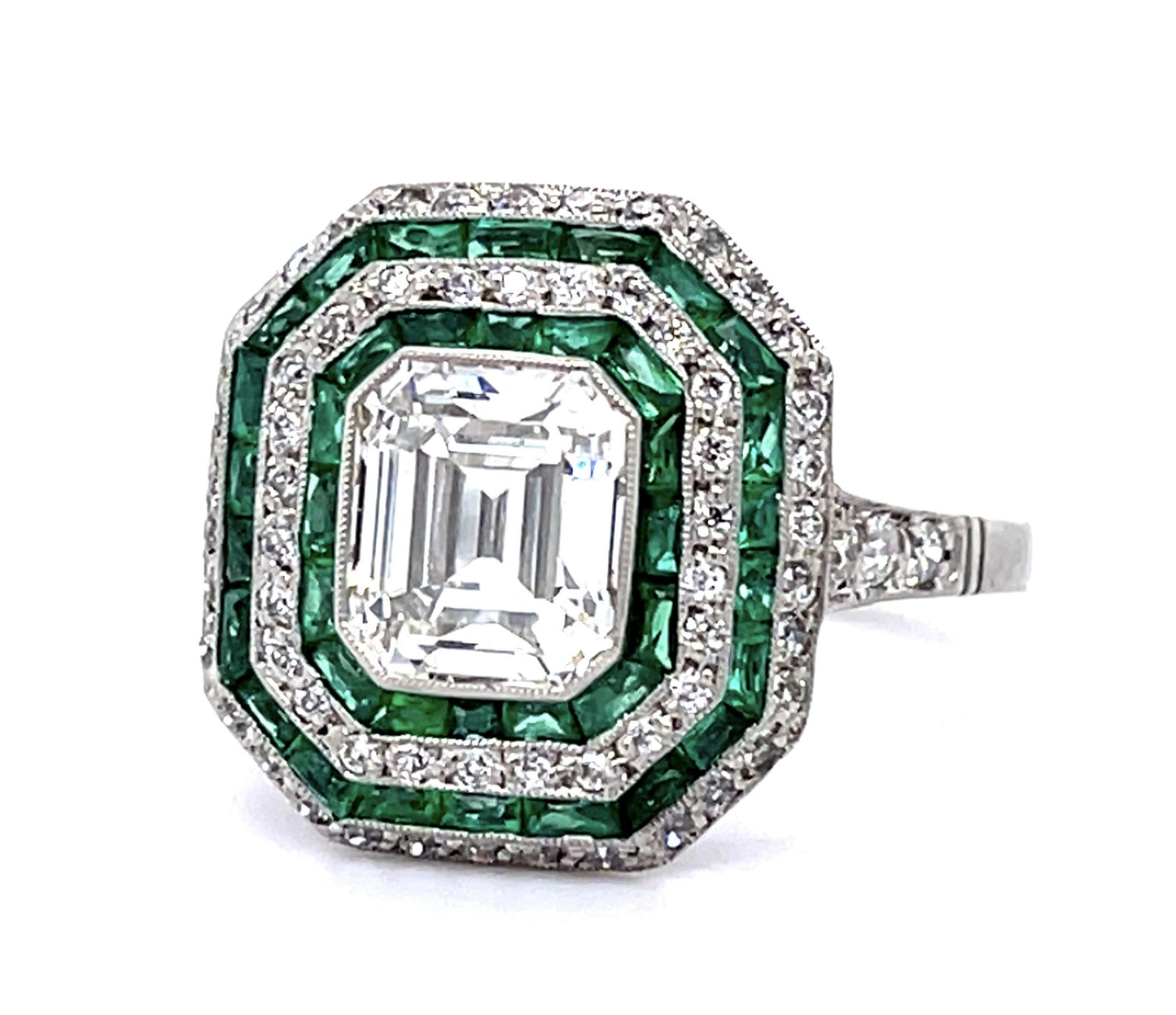 1.70ct H VS1 Emerald-cut Diamond 1.01ct Emerald Platinum Handmade Ring .44ct SD