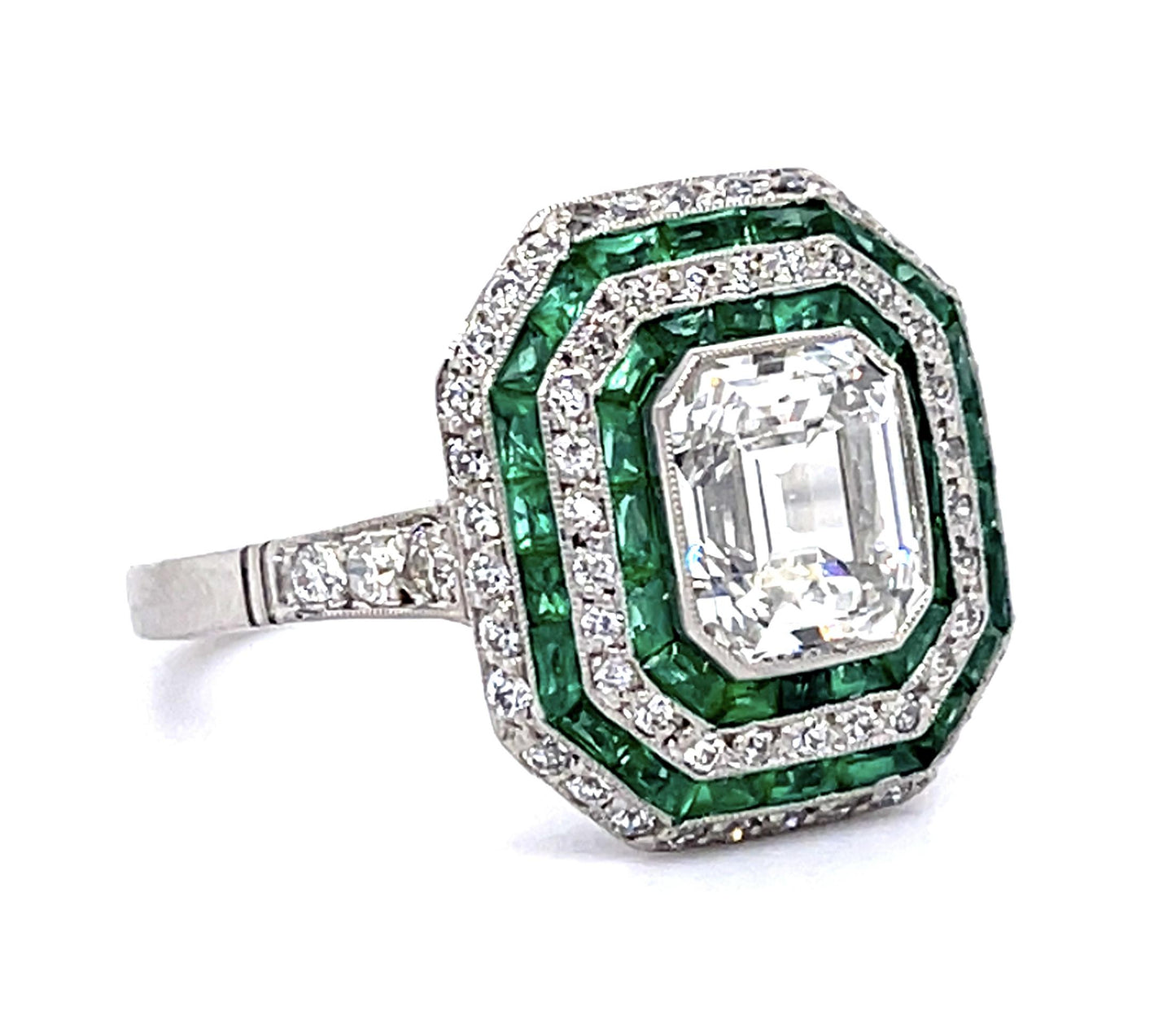 1.70ct H VS1 Emerald-cut Diamond 1.01ct Emerald Platinum Handmade Ring .44ct SD