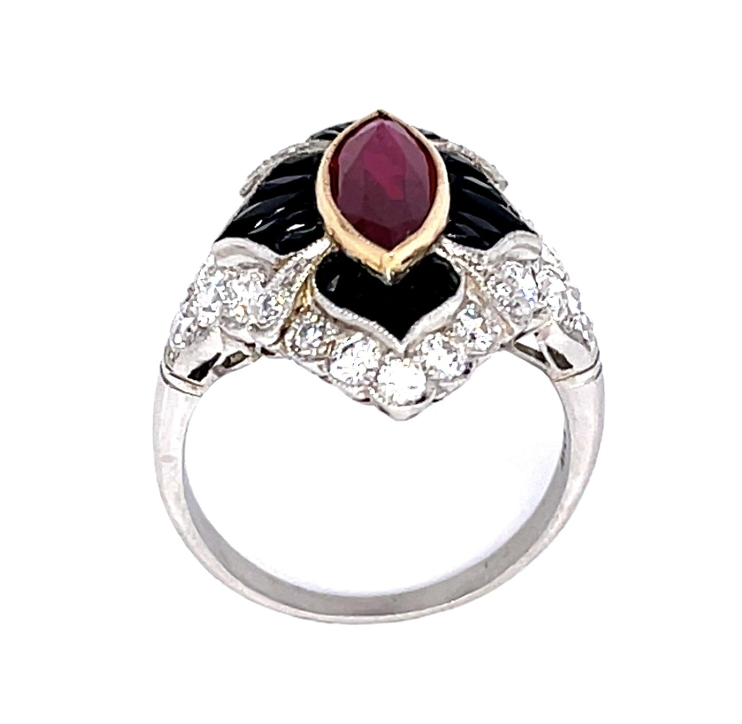 1.60ct Marquise Ruby 1.25ct Diamond + Onyx PT Handmade Ring