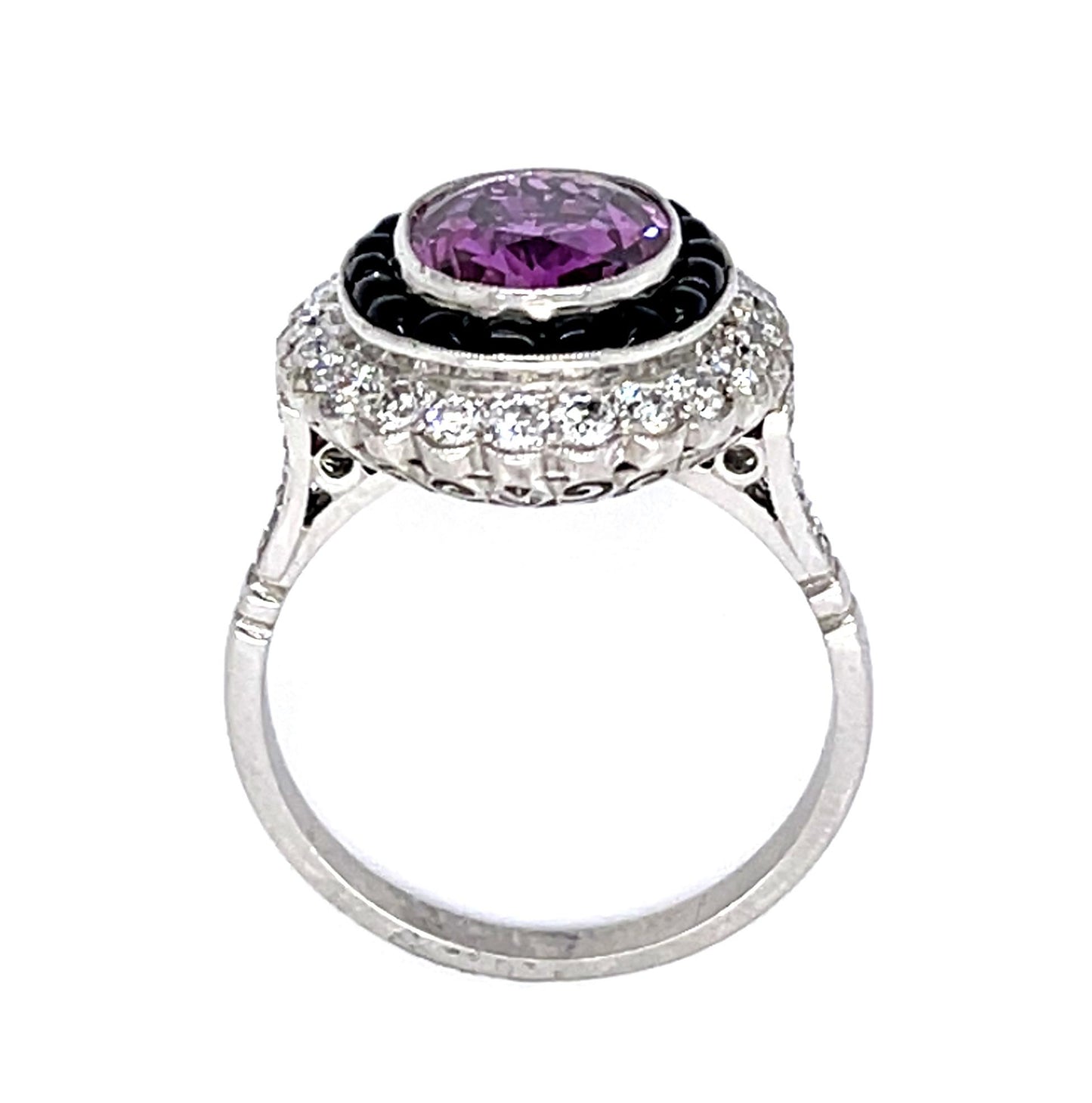 3.36ct Pink Sapphire .84ct Diamond + Onyx PT Handmade Ring