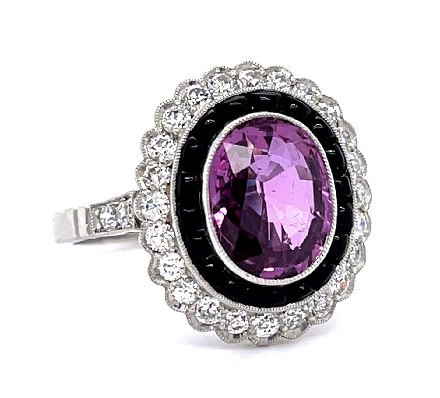 3.36ct Pink Sapphire .84ct Diamond + Onyx PT Handmade Ring