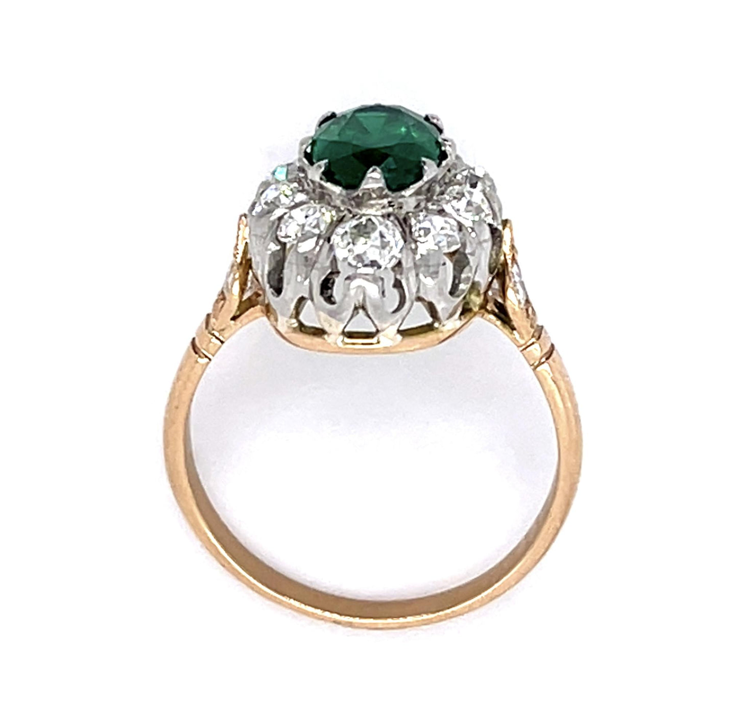 1.18ct Oval Emerald 1.30ct Old European Diamonds 18K 2 Tone Handmade Ring