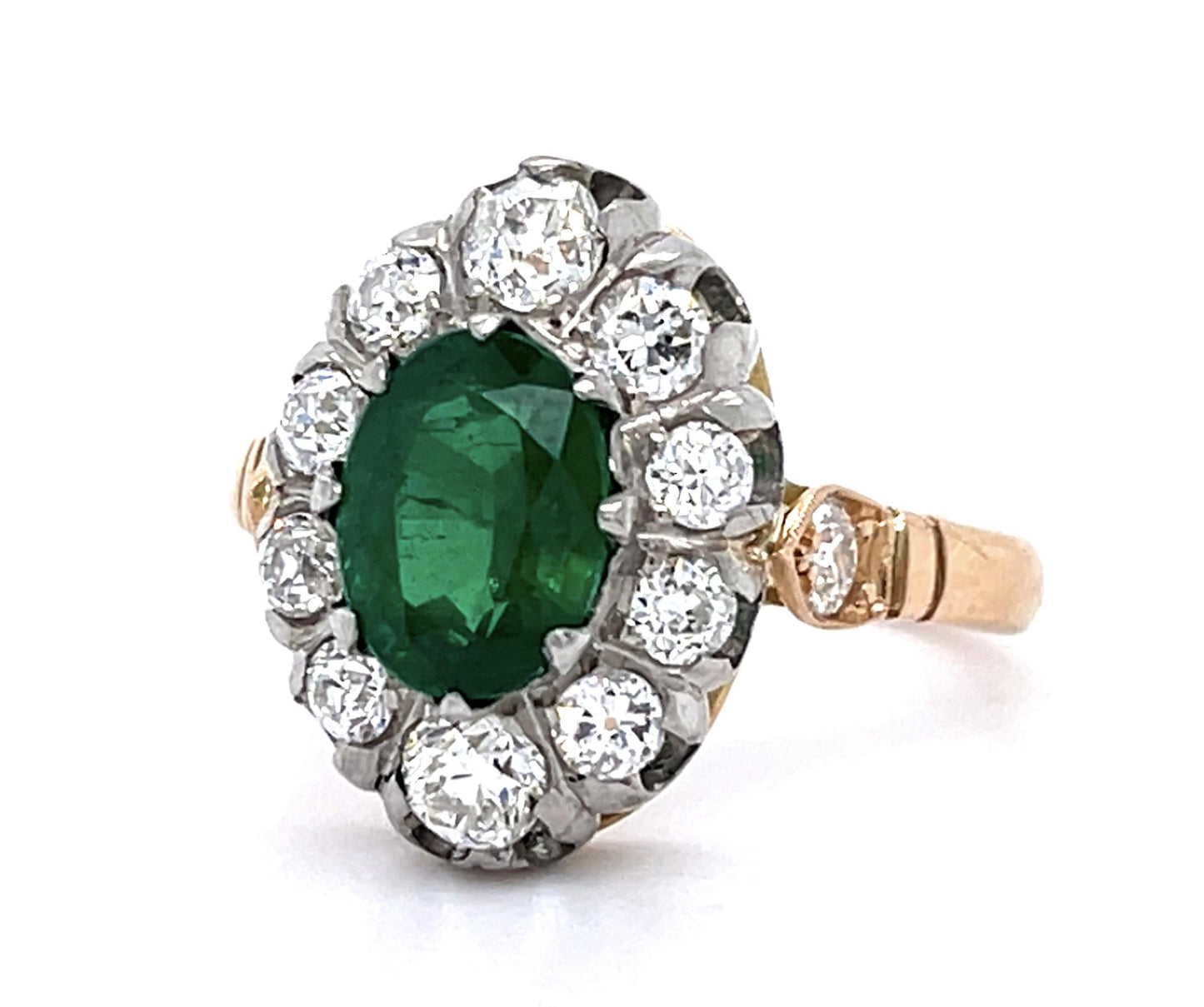 1.18ct Oval Emerald 1.30ct Old European Diamonds 18K 2 Tone Handmade Ring