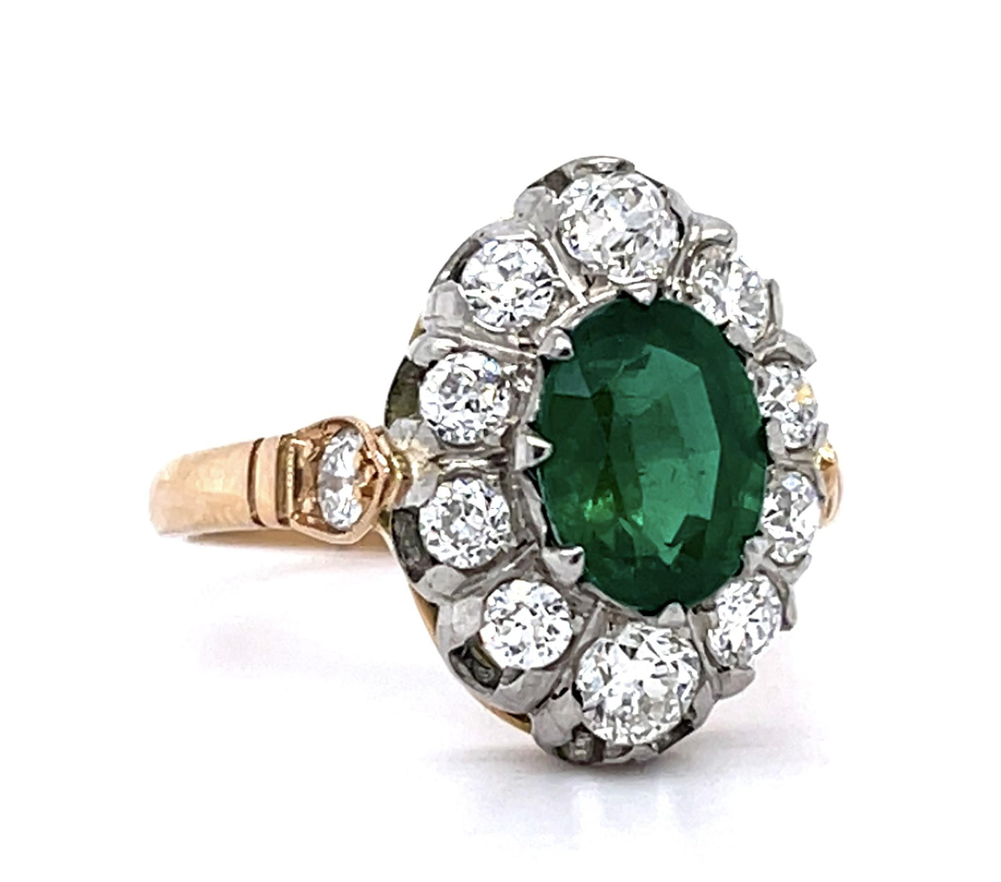 1.18ct Oval Emerald 1.30ct Old European Diamonds 18K 2 Tone Handmade Ring