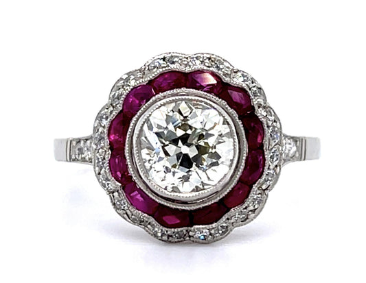 1.50ct Old European Diamond 1.20ct Ruby PT Handmade Ring