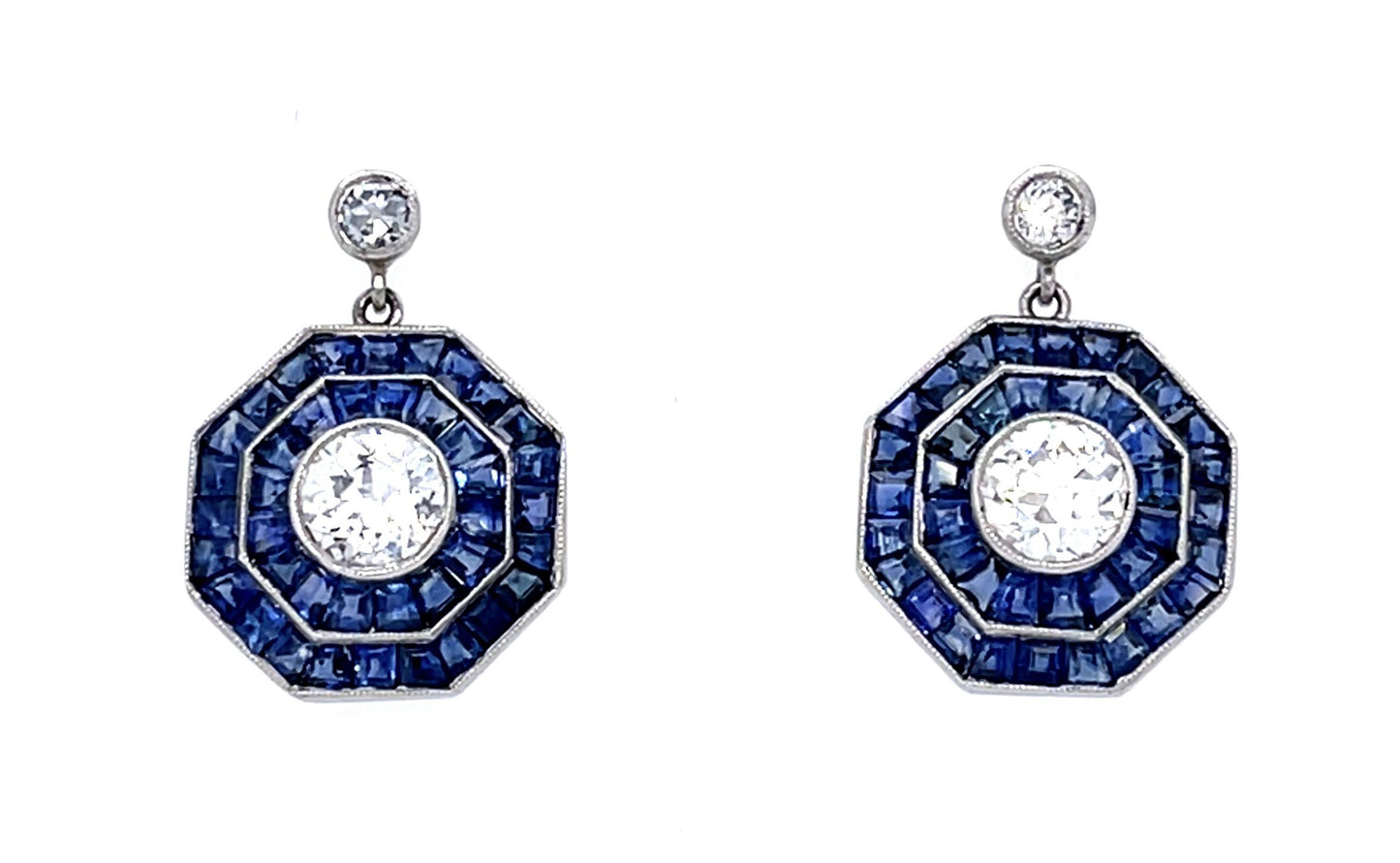 1.15ct Old European Diamonds 5ct Sapphire PT Handmade Earrings